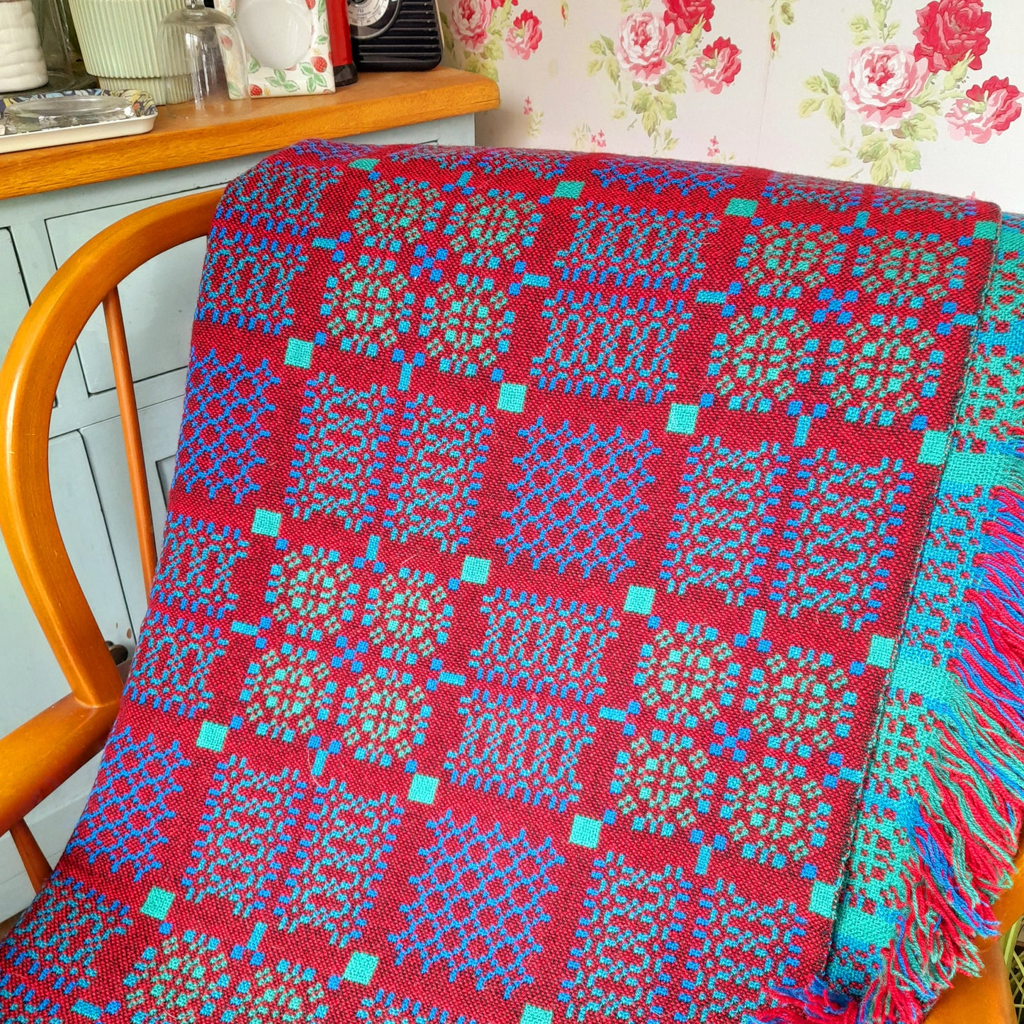 Welsh Tapestry Blanket in Reds Blues & Greens by Melin Tregwynt