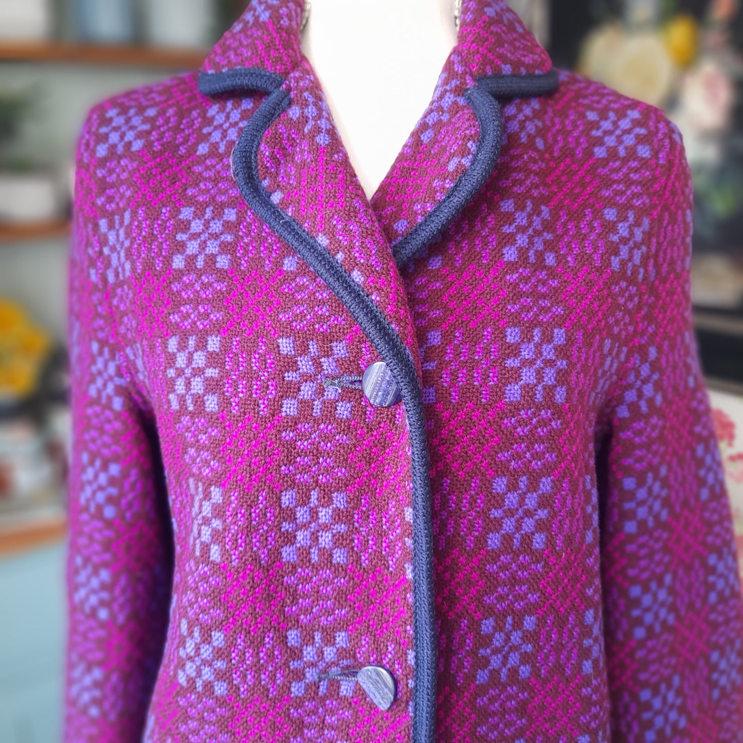 Vintage Welsh Tapestry Pea Coat in Pink & Purple Size 8/10