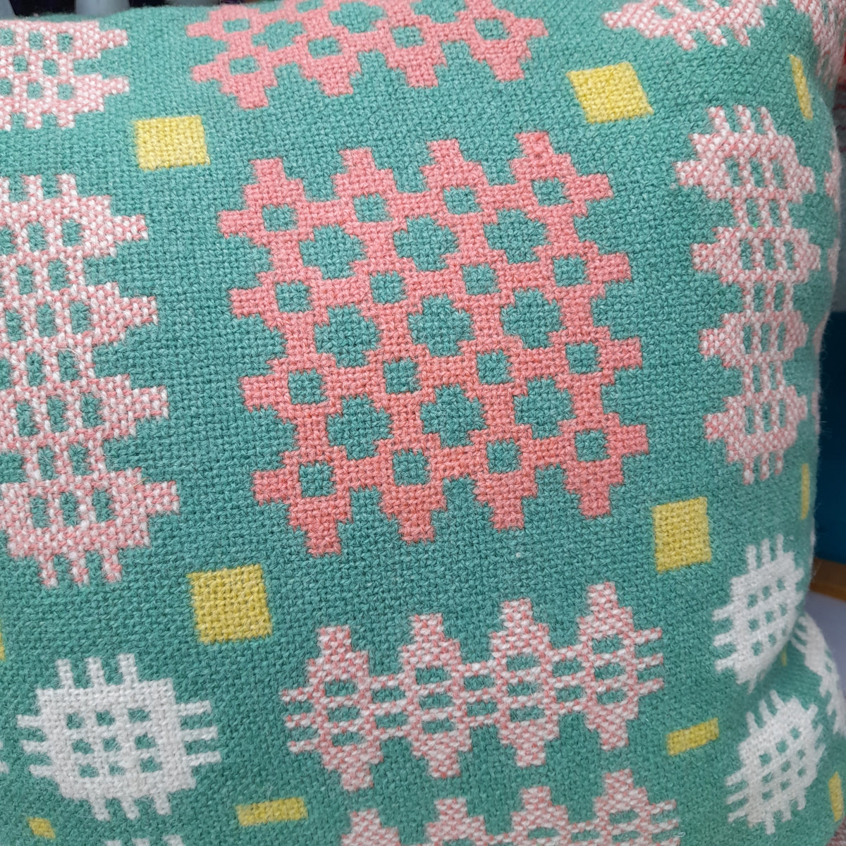 PAIR Of Handmade Welsh Blanket Cushions in Bright Green, Coral Pink & White With A Pop of Yellow 18"