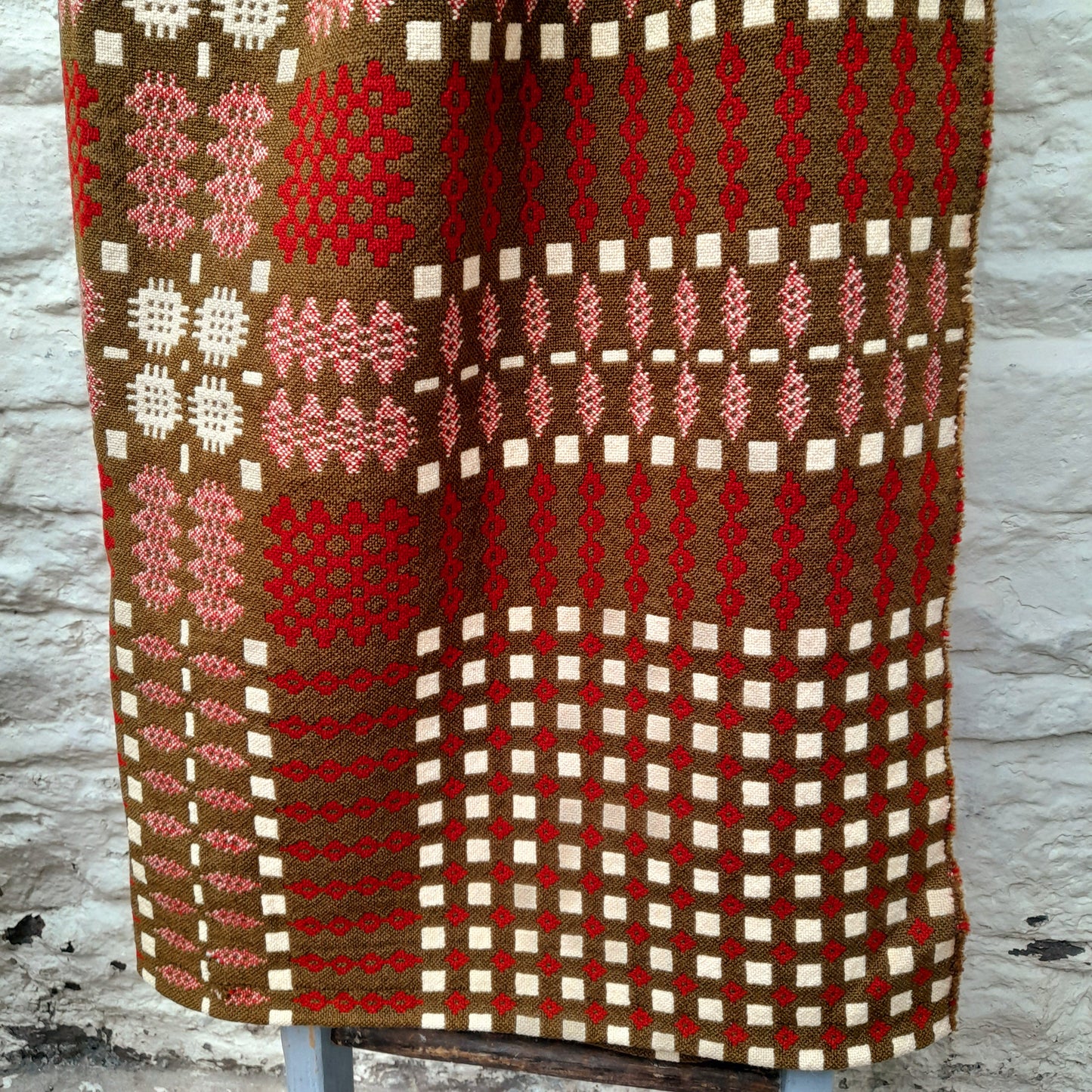 Antique Handmade Welsh Tapestry Blanket in Chocolate Brown Deep Red & Cream