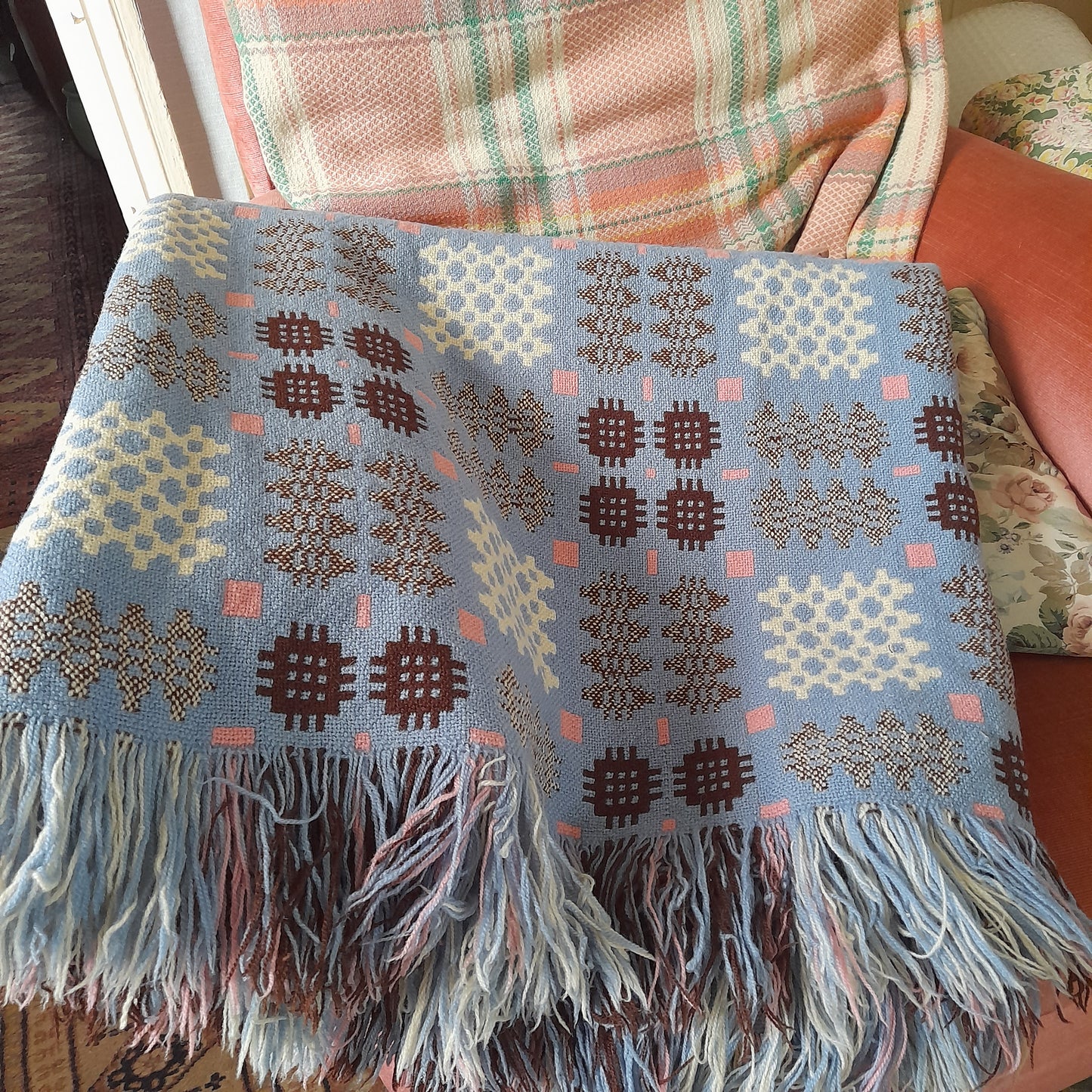 Welsh Tapestry Blanket in Pale Blue White Browny Burgundy & Pink King Size