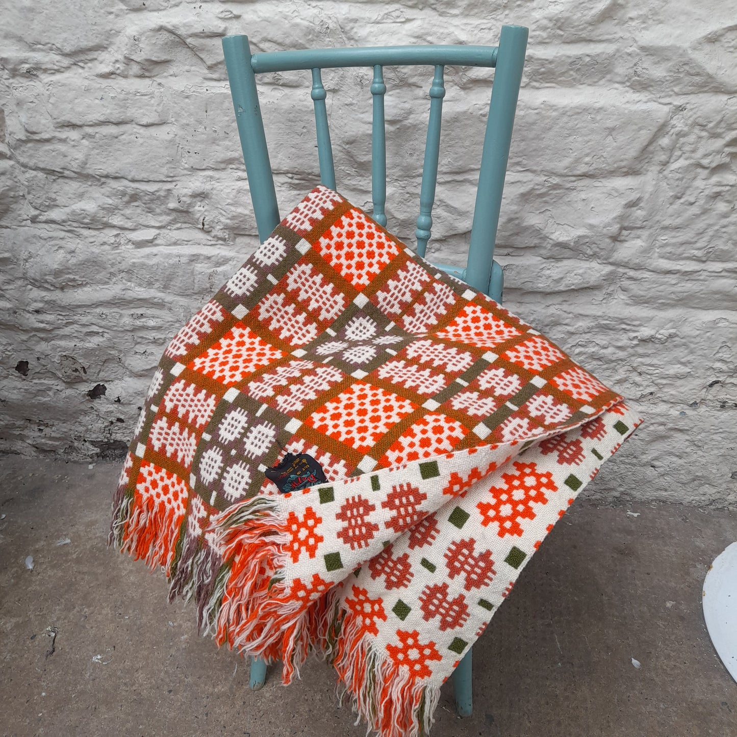 Vintage Welsh Tapestry Blanket in Cream Orange & Olive Green by Derw Mill