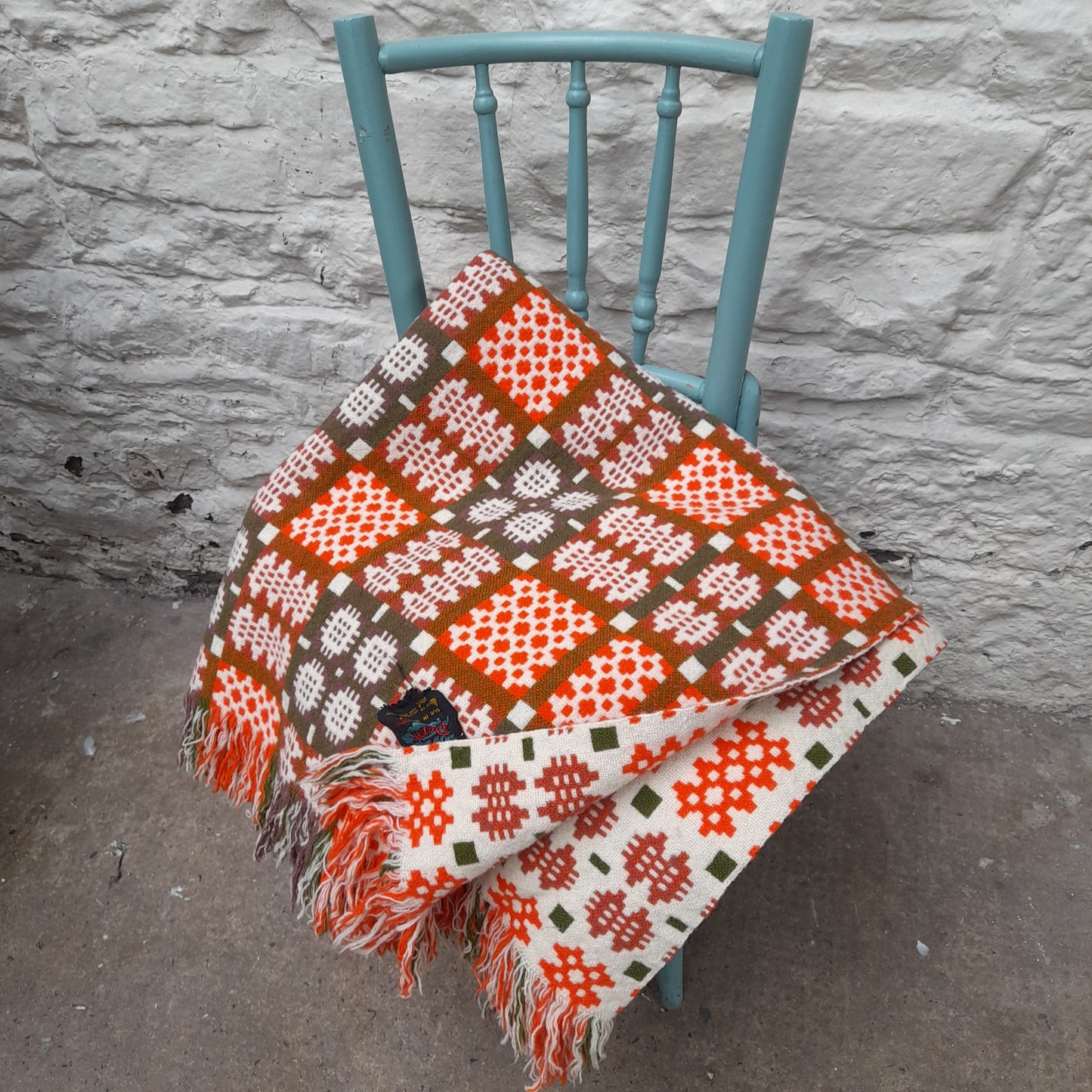 Vintage Welsh Tapestry Blanket in Cream Orange & Olive Green by Derw Mill