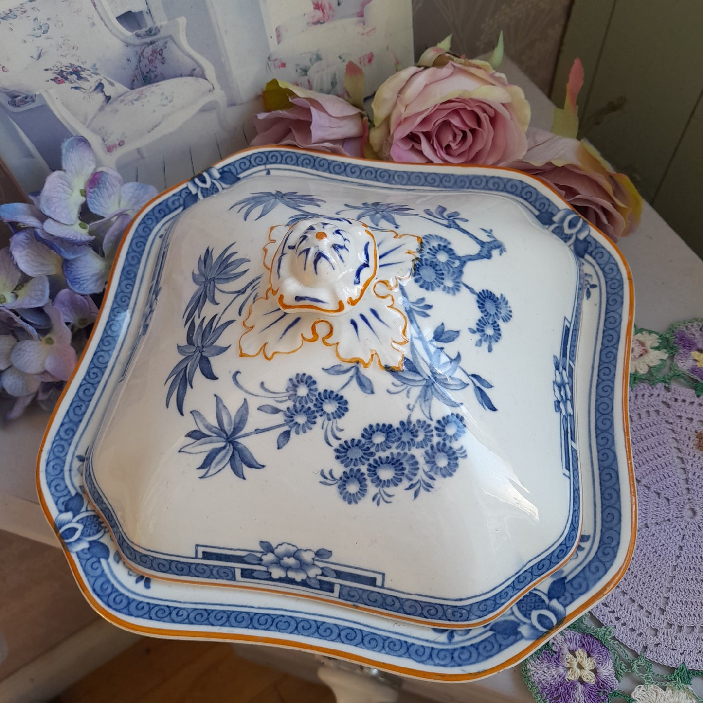 Art Deco Blue & White Square Vegetable Serving Dish with Lid in Woods Ware 'Kenya' Design