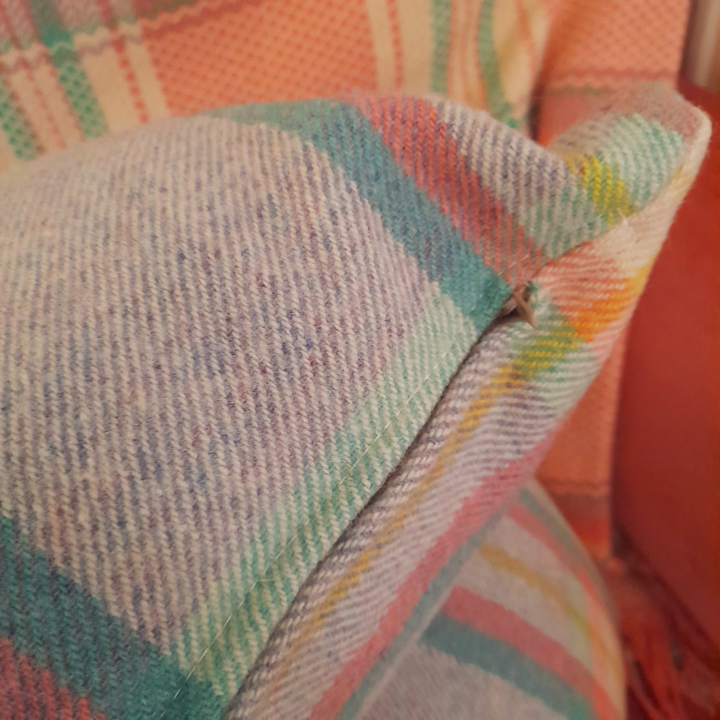 Pair of Welsh Wool Cushions Made From A Vintage Blanket in Grey Peach Cream & Green Check 28" x 14"