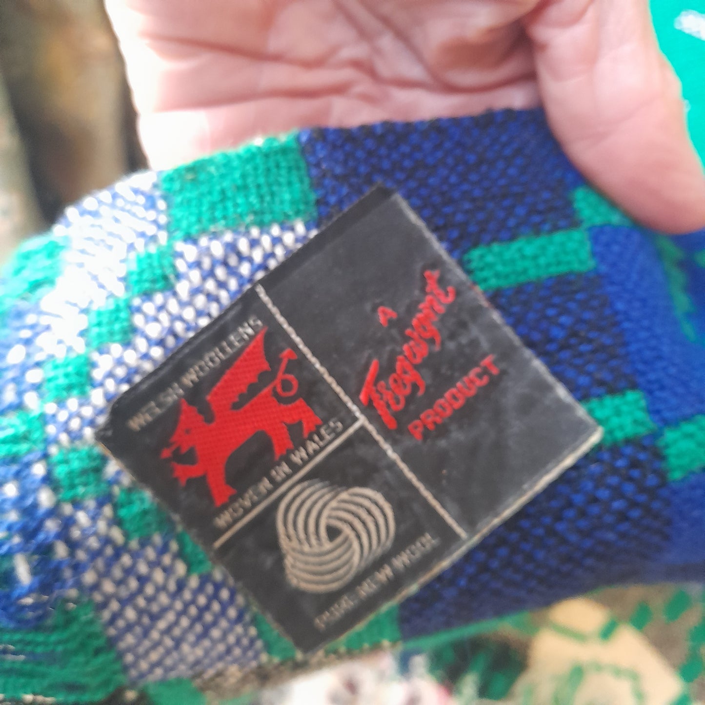 Vintage Welsh Tapestry Blanket in Bright Jade Green Navy Blue Black & White by Melin Tregwynt
