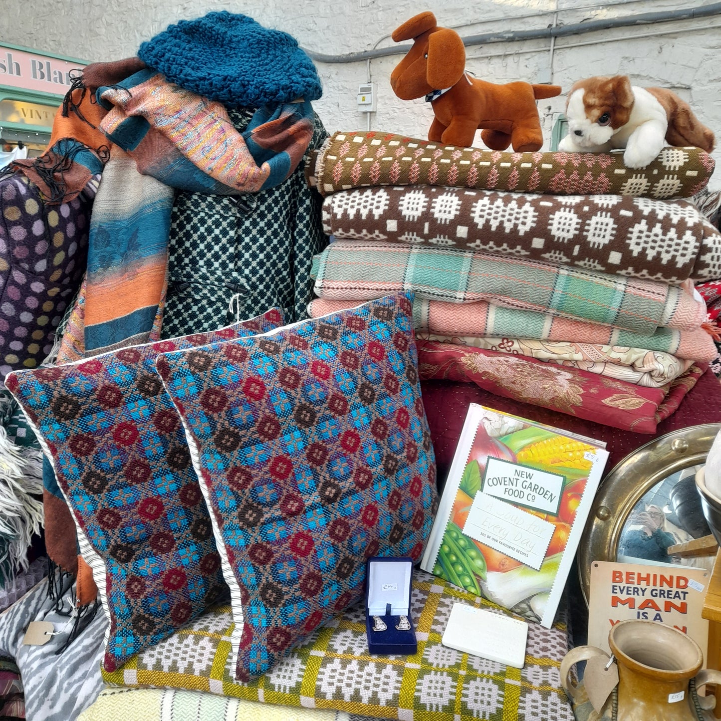 Pair of Welsh Tapestry Cushions in Teal & Burgundy 18"