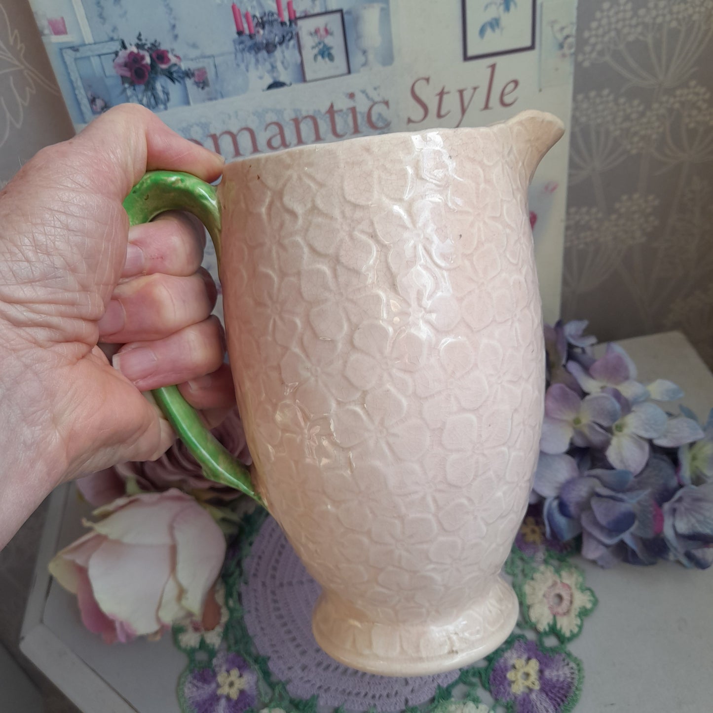 Art Deco Falcon Ware Pink Hydrangea Ceramic Jug Decorative Pitcher With Green Handle