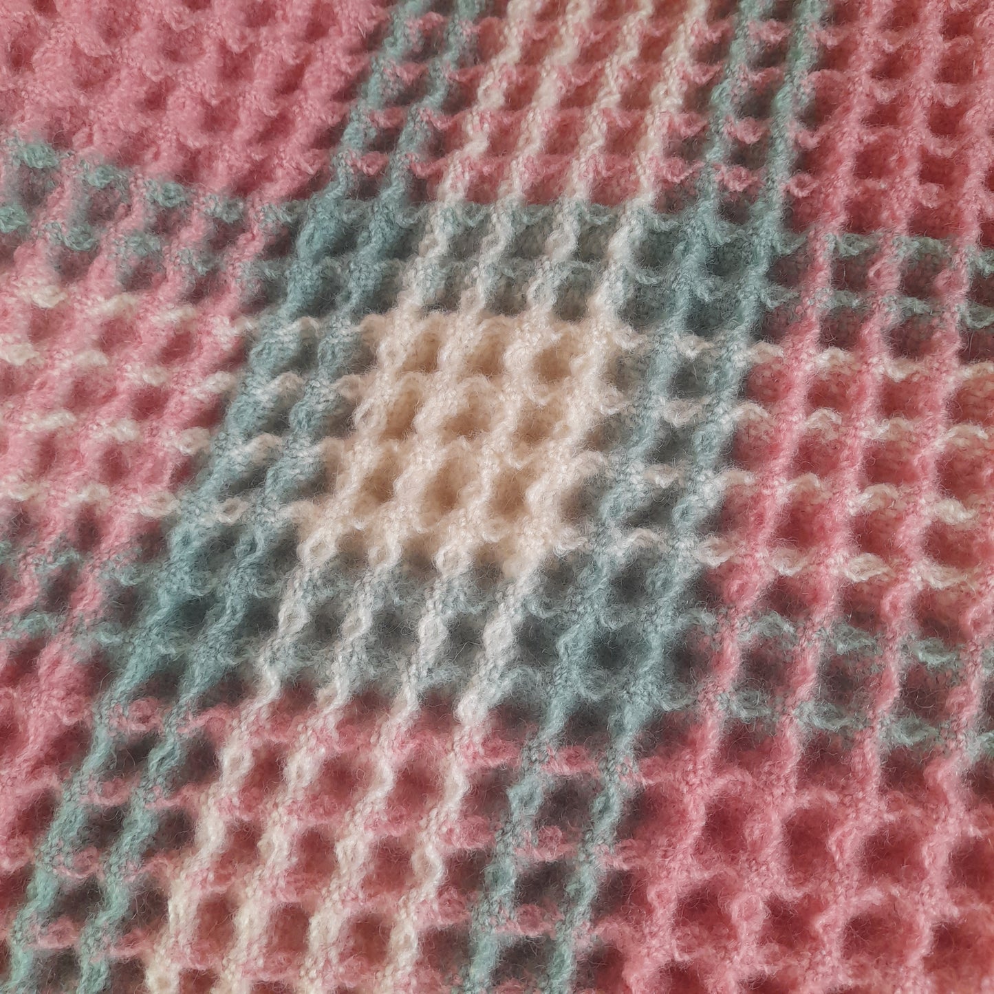 Vintage Welsh Wool Waffle Honeycomb Blanket in Pastel Pink Green & Cream Check