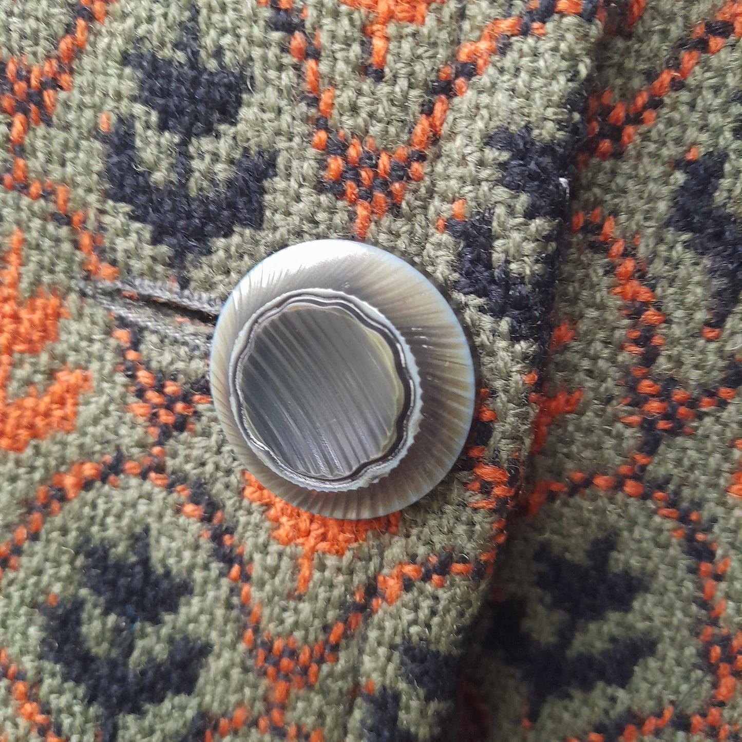 Vintage Welsh Tapestry Cape in Olive Green Black & Orange Tulip Design by Brynkir Mill