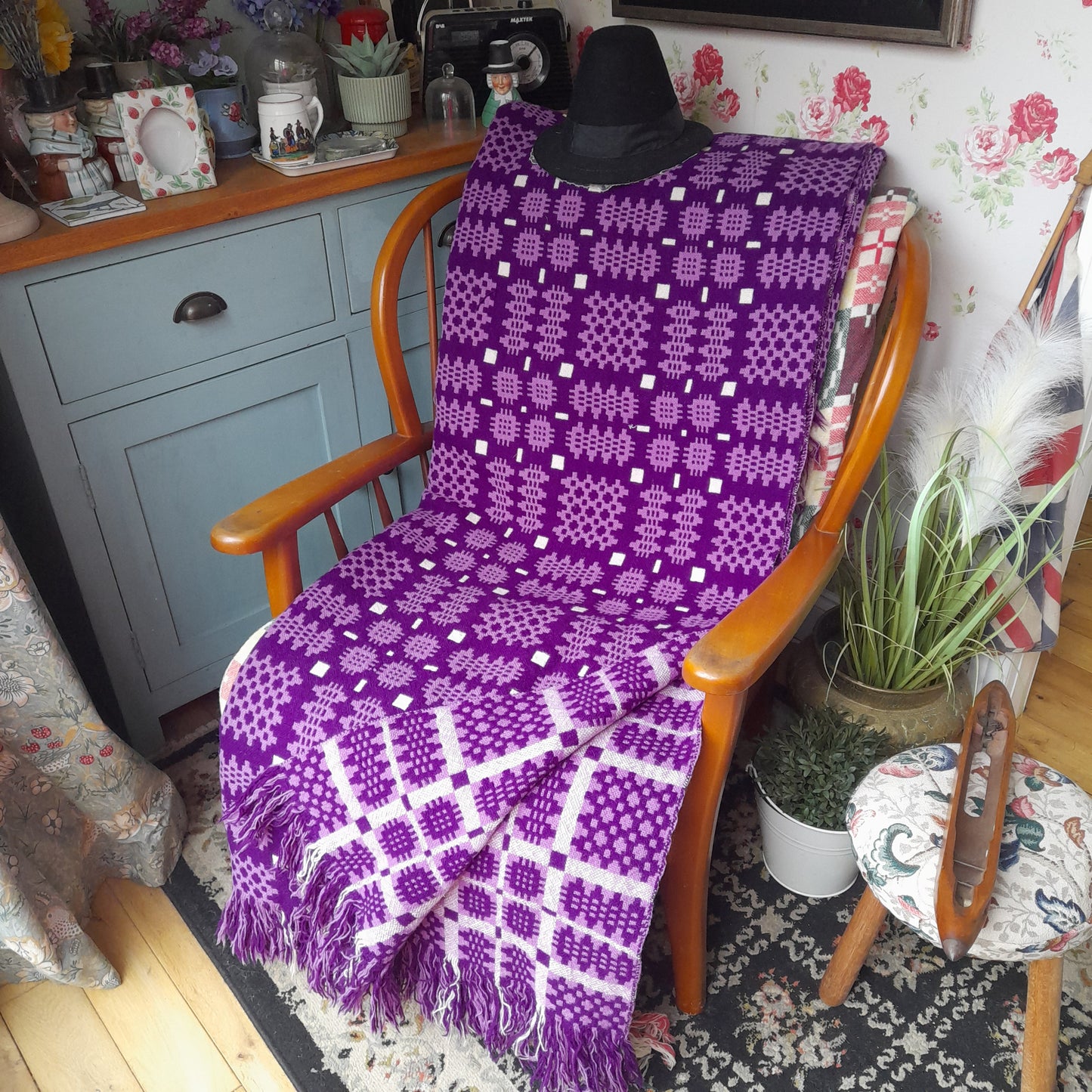 Vintage Welsh Wool Tapestry Blanket in Purple Lilac & White