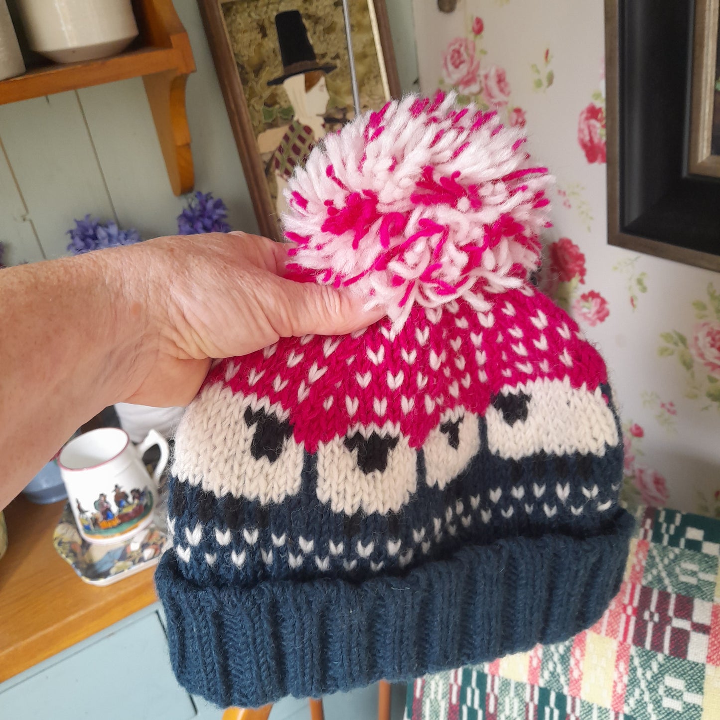 Hand Knit Woollen Sheep Bobble Hat in Pink Navy White & One Black Sheep