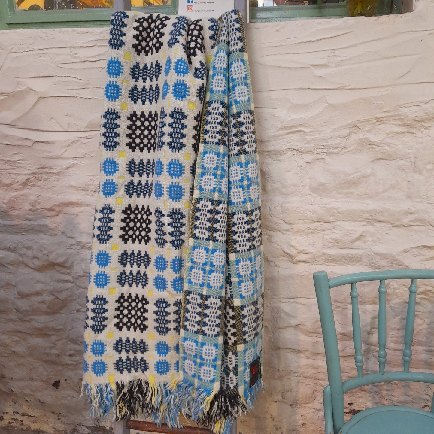 Vintage Welsh Tapestry Blanket in Cream, Sky Blue, Black & A Pop of Daffodil Yellow by Rhydybont Mill King Size