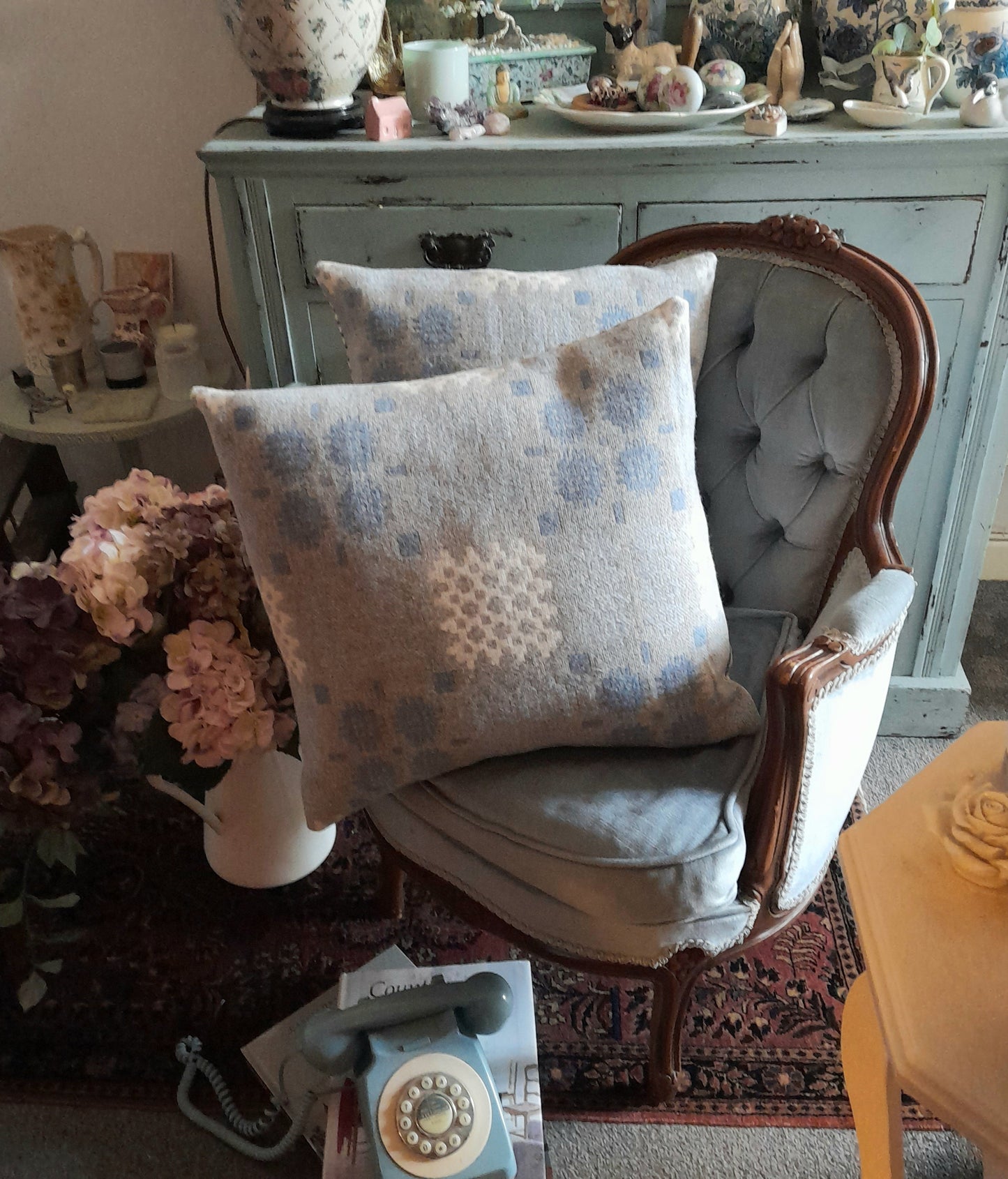Pair of Welsh Tapestry Blanket Cushions in Pale Blue Grey & White Limited Edition 20"