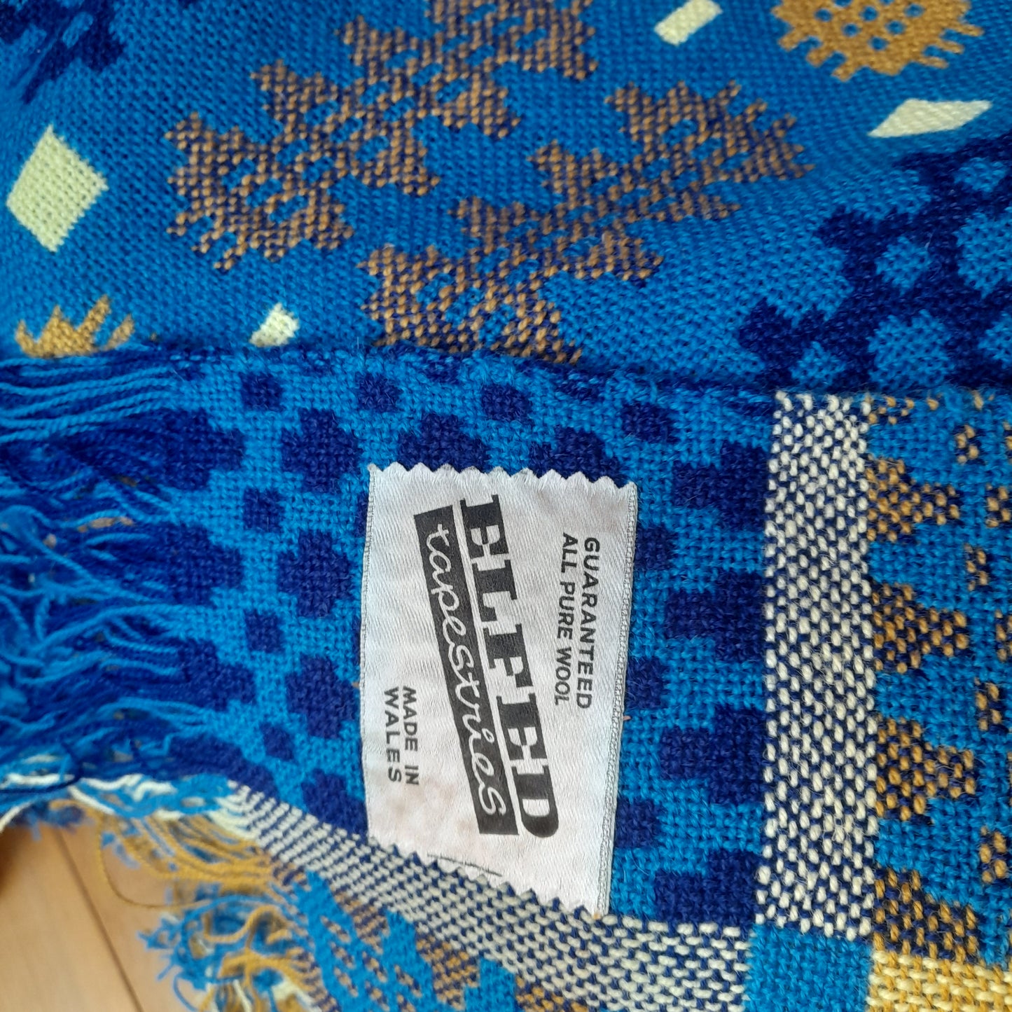 Vintage Welsh Tapestry Blanket in Bright Blue Mustard Navy & White King Size