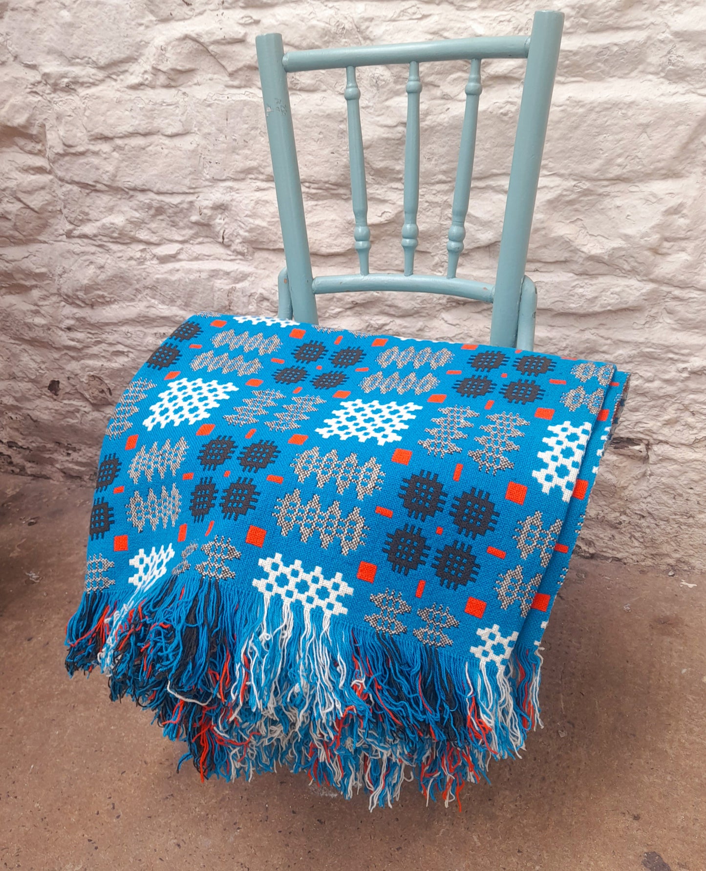 Vintage Welsh Tapestry Blanket in Turquoise Black Orange & White