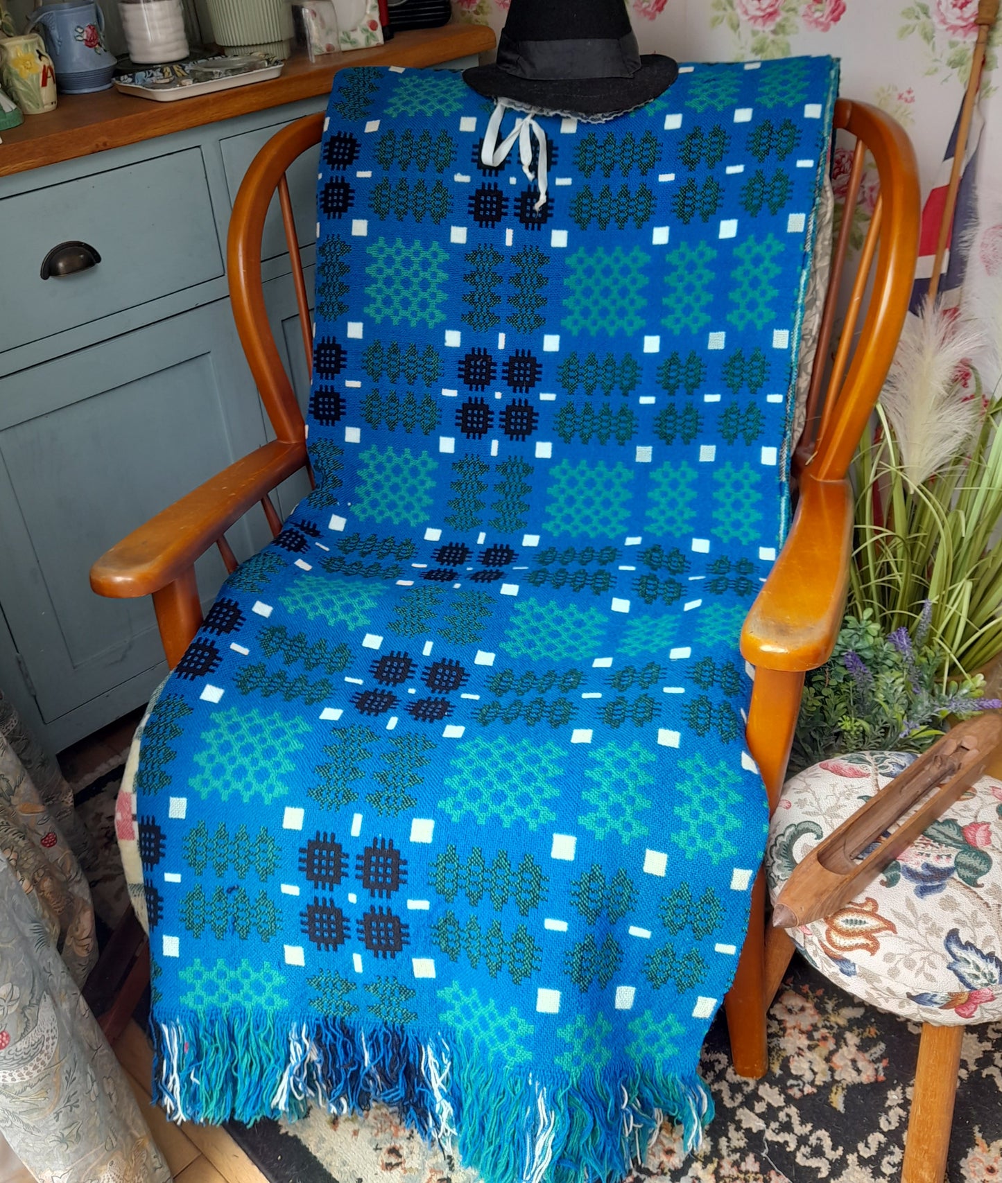 Vintage Welsh Tapestry Blanket in Cobalt Blue Green White & Black