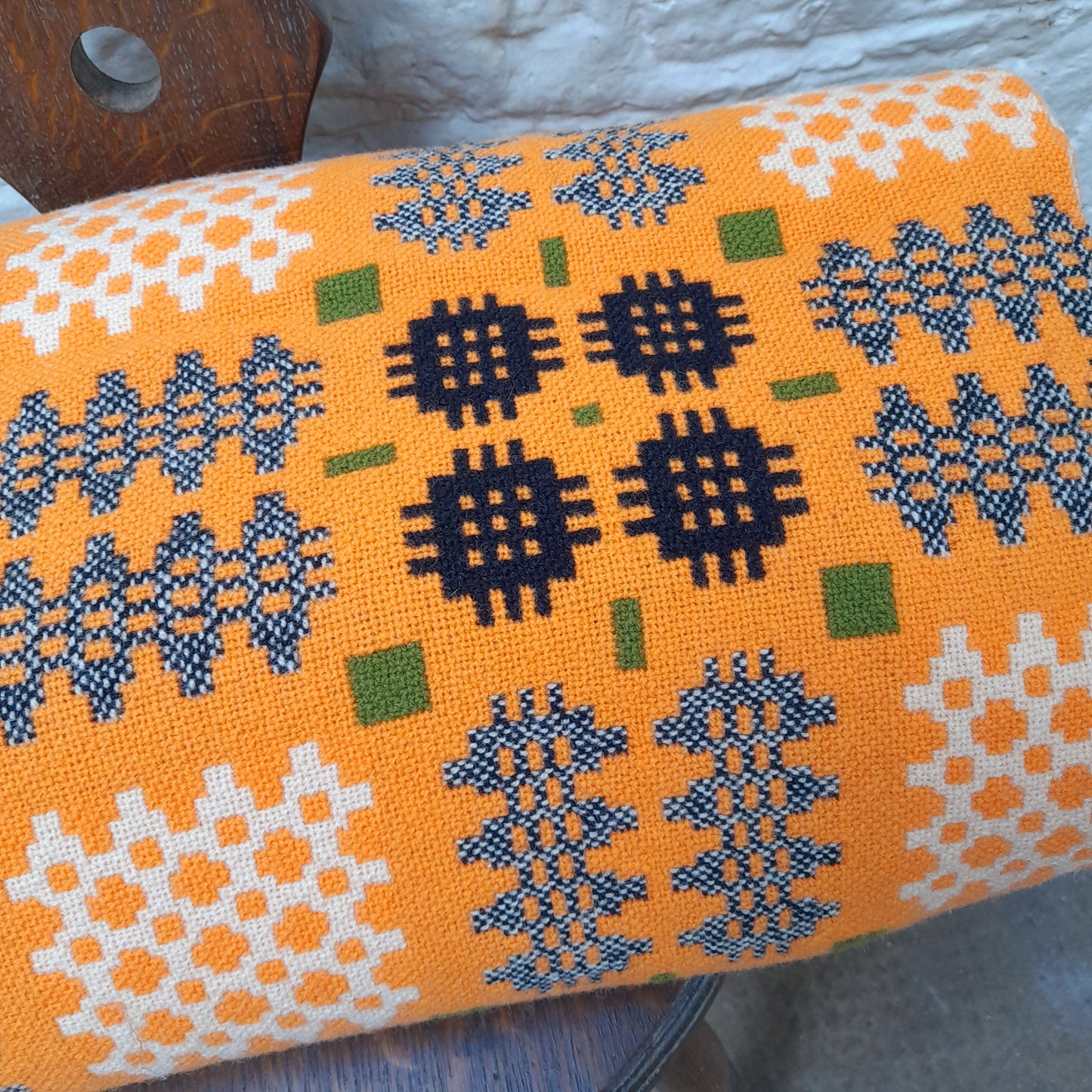 Vintage Welsh Tapestry Blanket in Tangerine Orange Olive Green Black & White