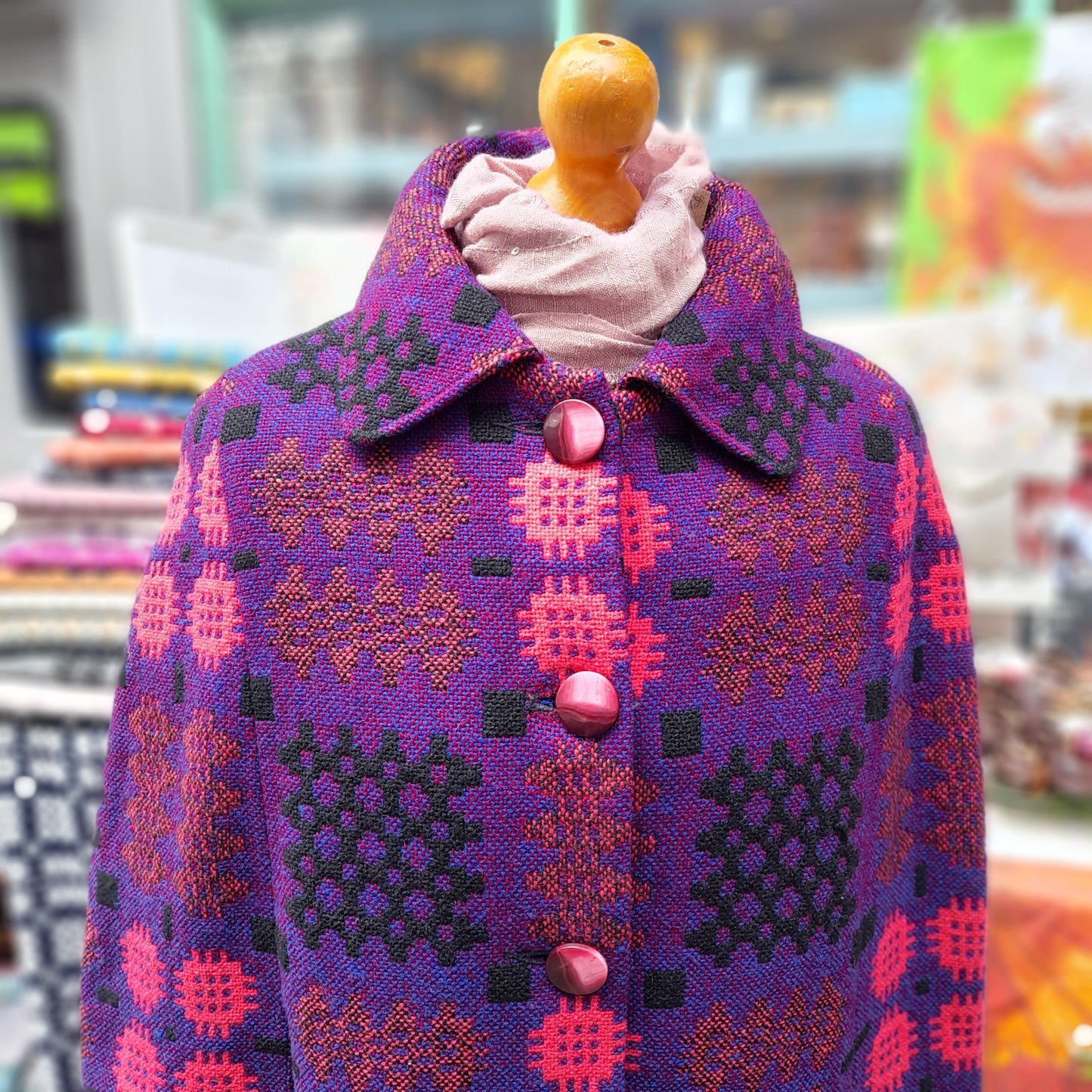 Vintage Welsh Tapestry Cape Full Length in Purple Pink Portcullis