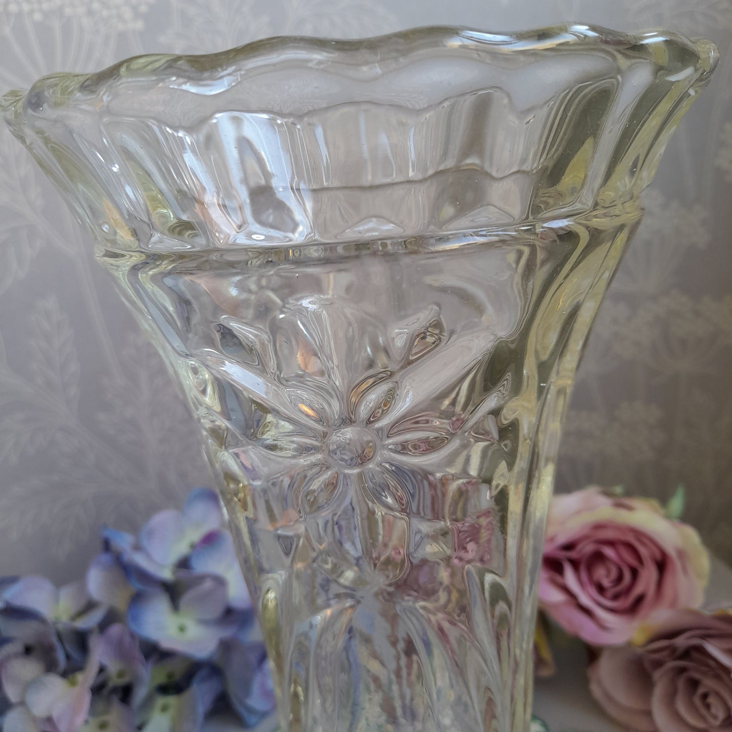 Sowerby Art Deco Heavy Clear Glass Vase With Flower Design