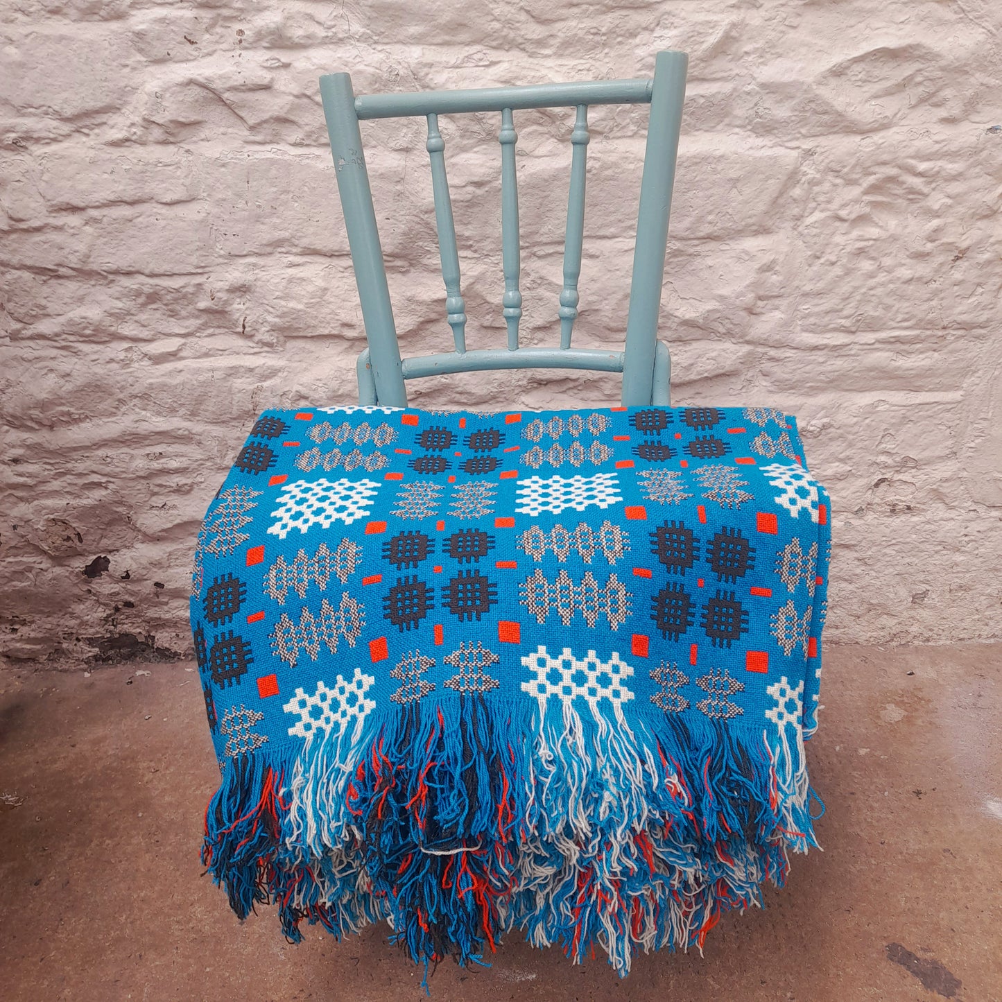 Vintage Welsh Tapestry Blanket in Turquoise Black Orange & White