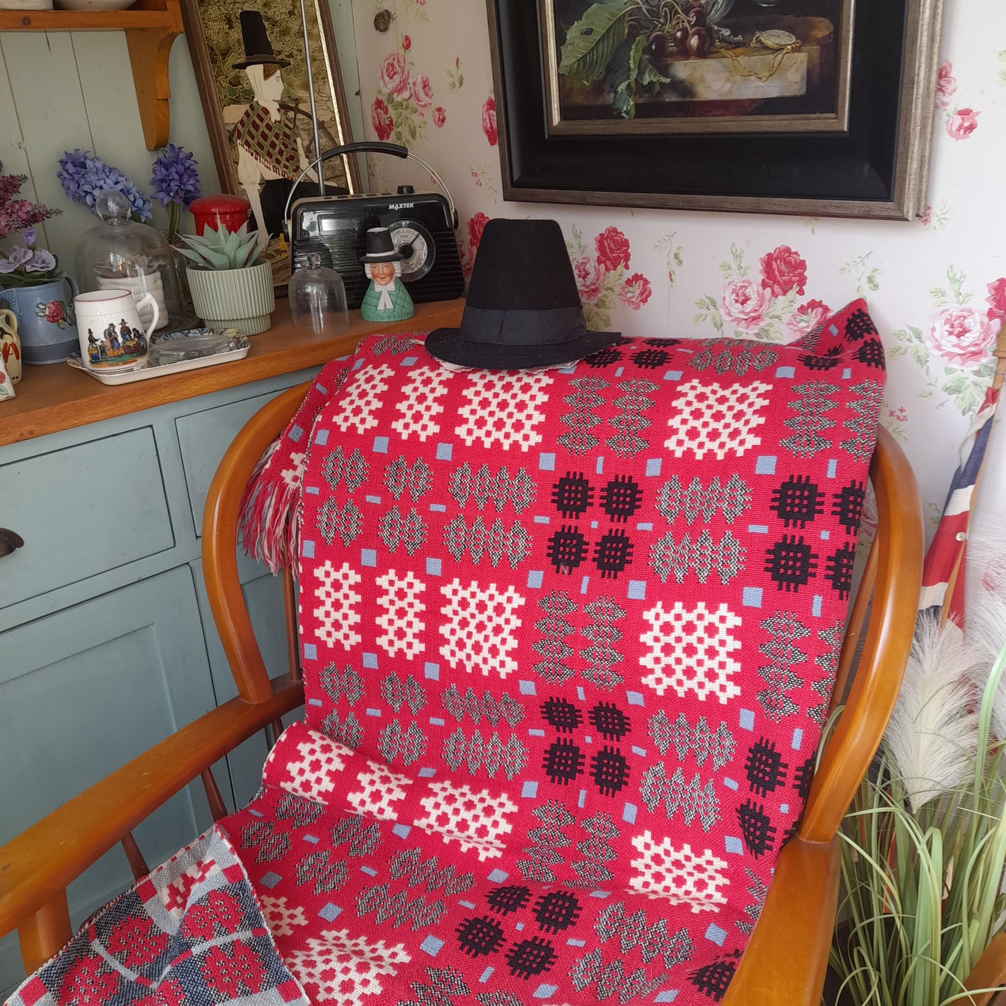 Vintage Welsh Tapestry Blanket in Bright Pink Black White & a Pop of Blue