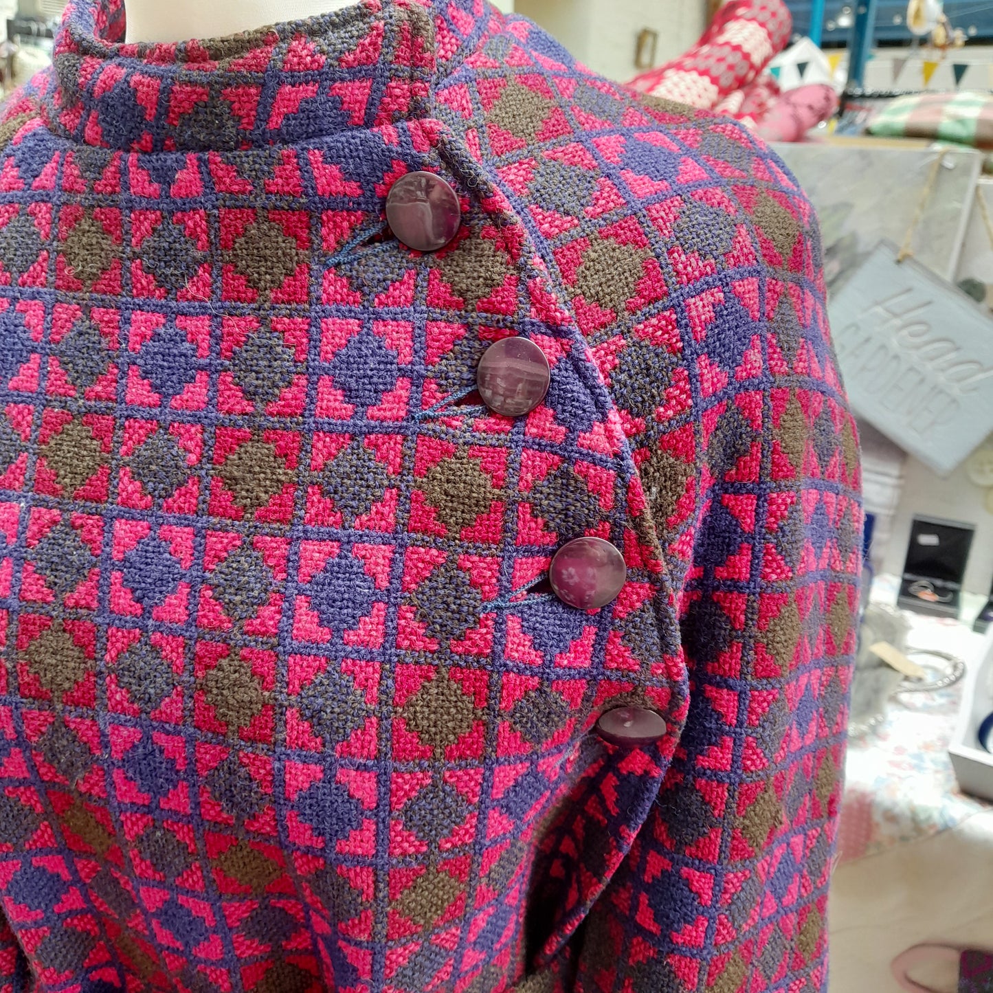Vintage Welsh Wool Tapestry Belted Cape in Pink Navy Blue & Olive Green