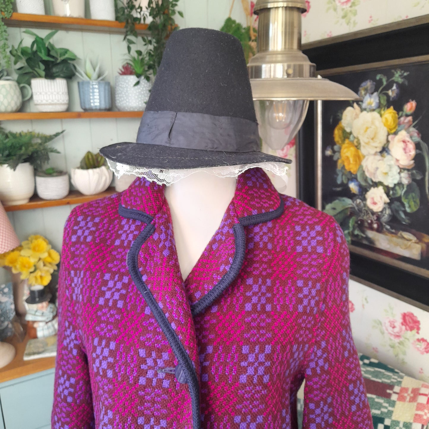 Vintage Welsh Tapestry Pea Coat in Pink & Purple Size 8/10