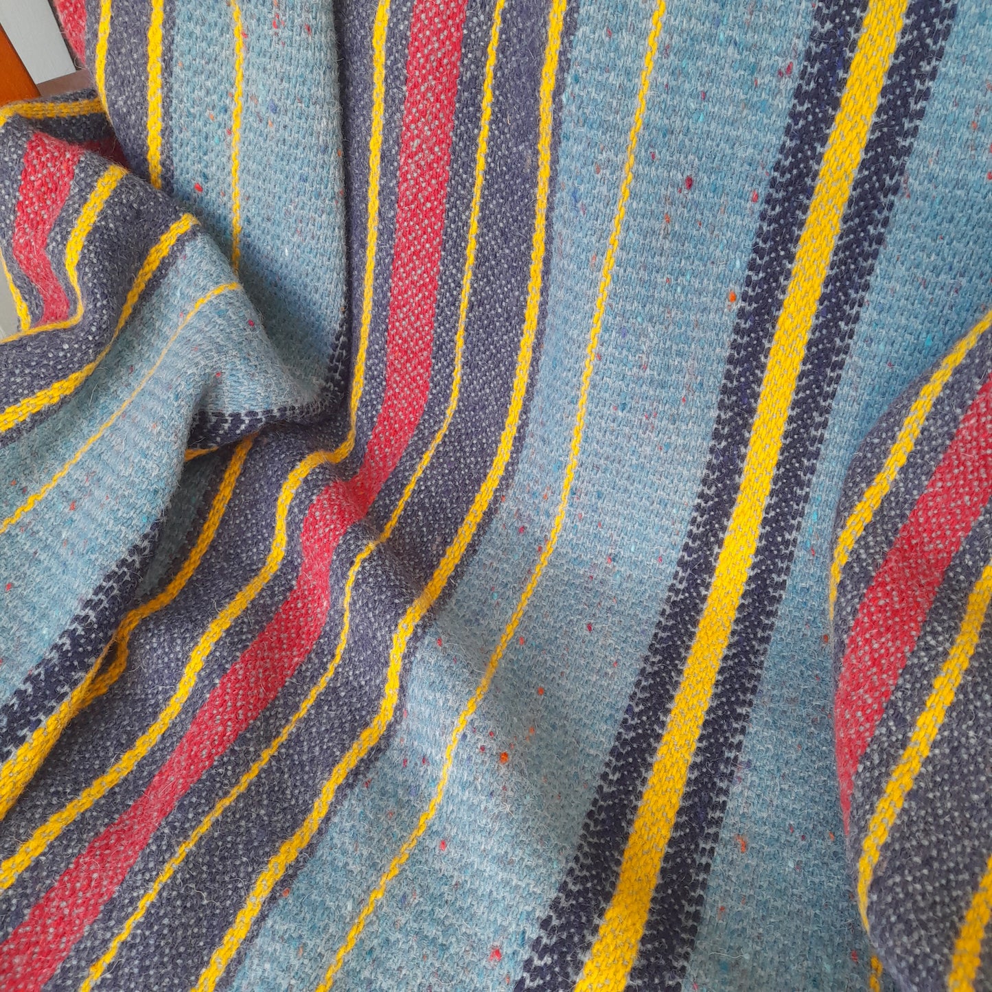 Welsh Blanket in Teal With Red Black & Yellow in Narrow Loom Stripe