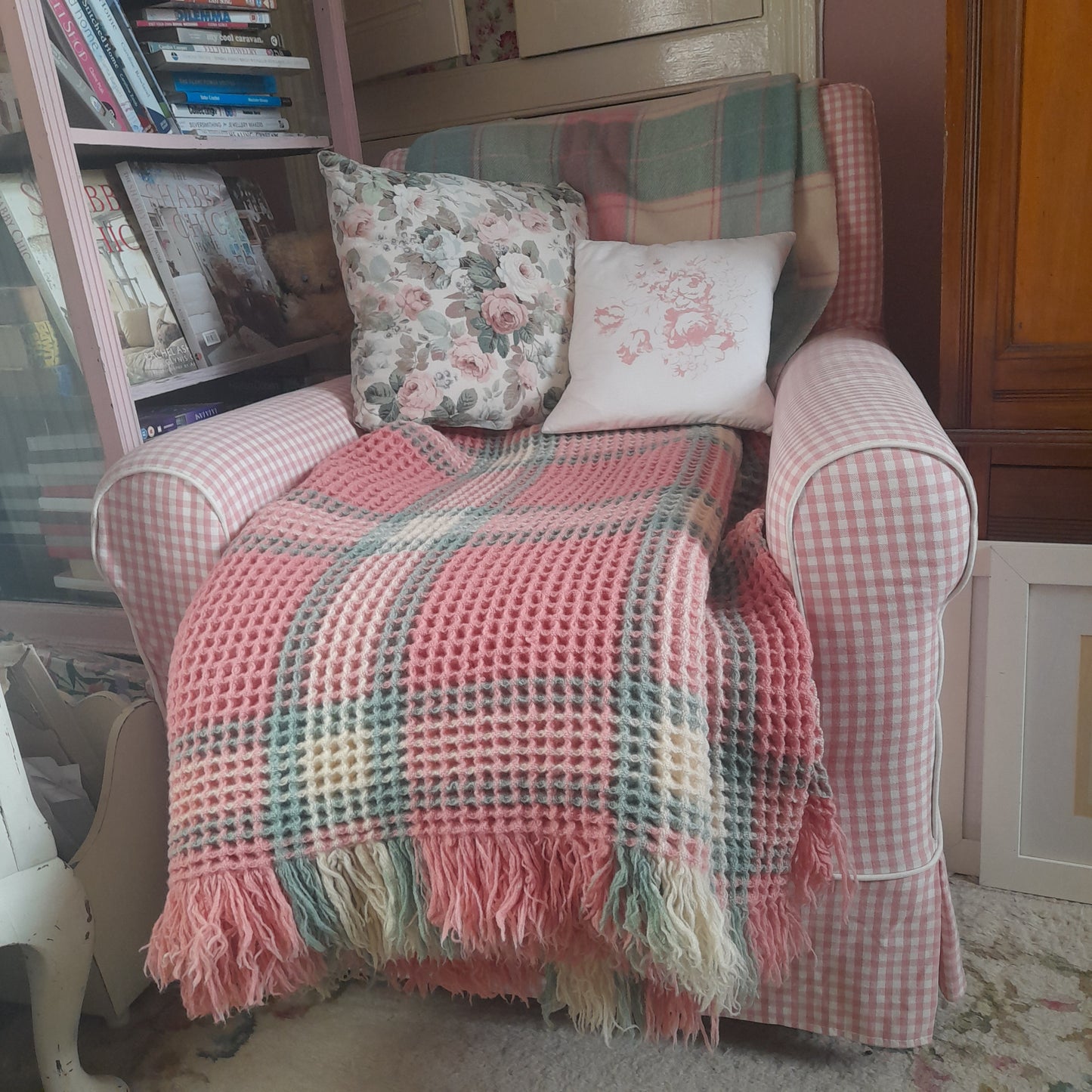 Vintage Welsh Wool Waffle Honeycomb Blanket in Pastel Pink Green & Cream Check