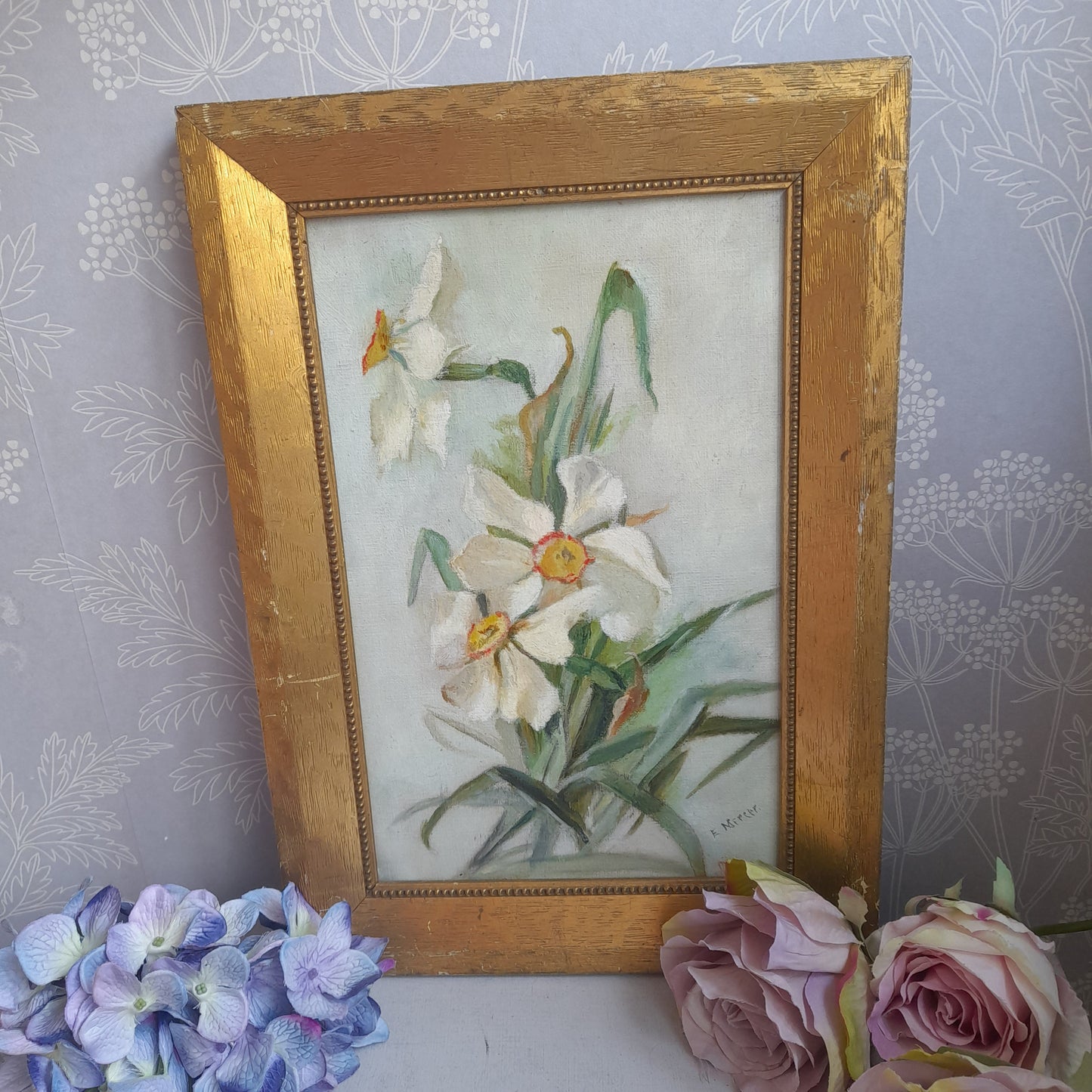 Darling Art Deco Original Oil Painting of Daffodils Framed & Signed E Mercer