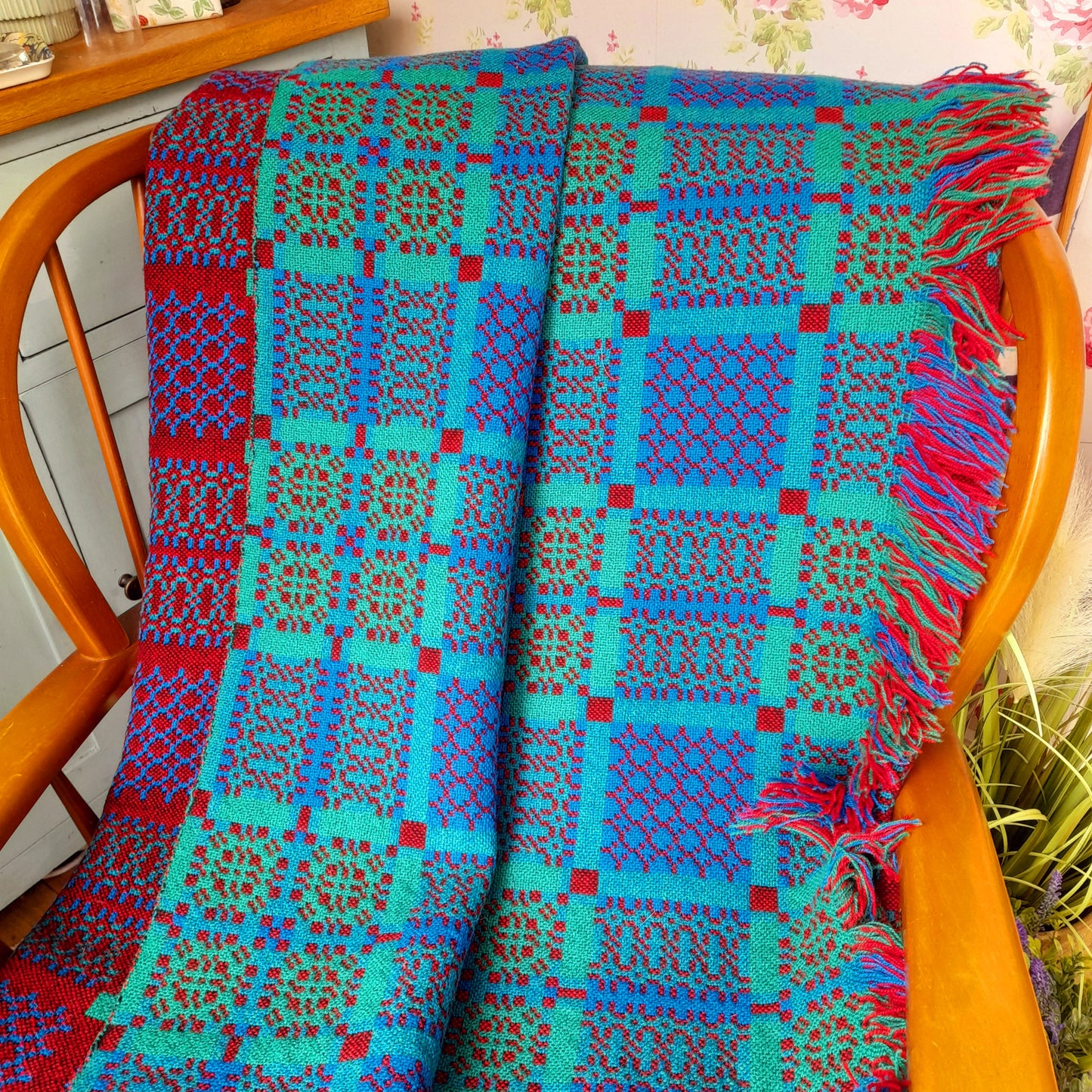 Welsh Tapestry Blanket in Reds Blues & Greens by Melin Tregwynt