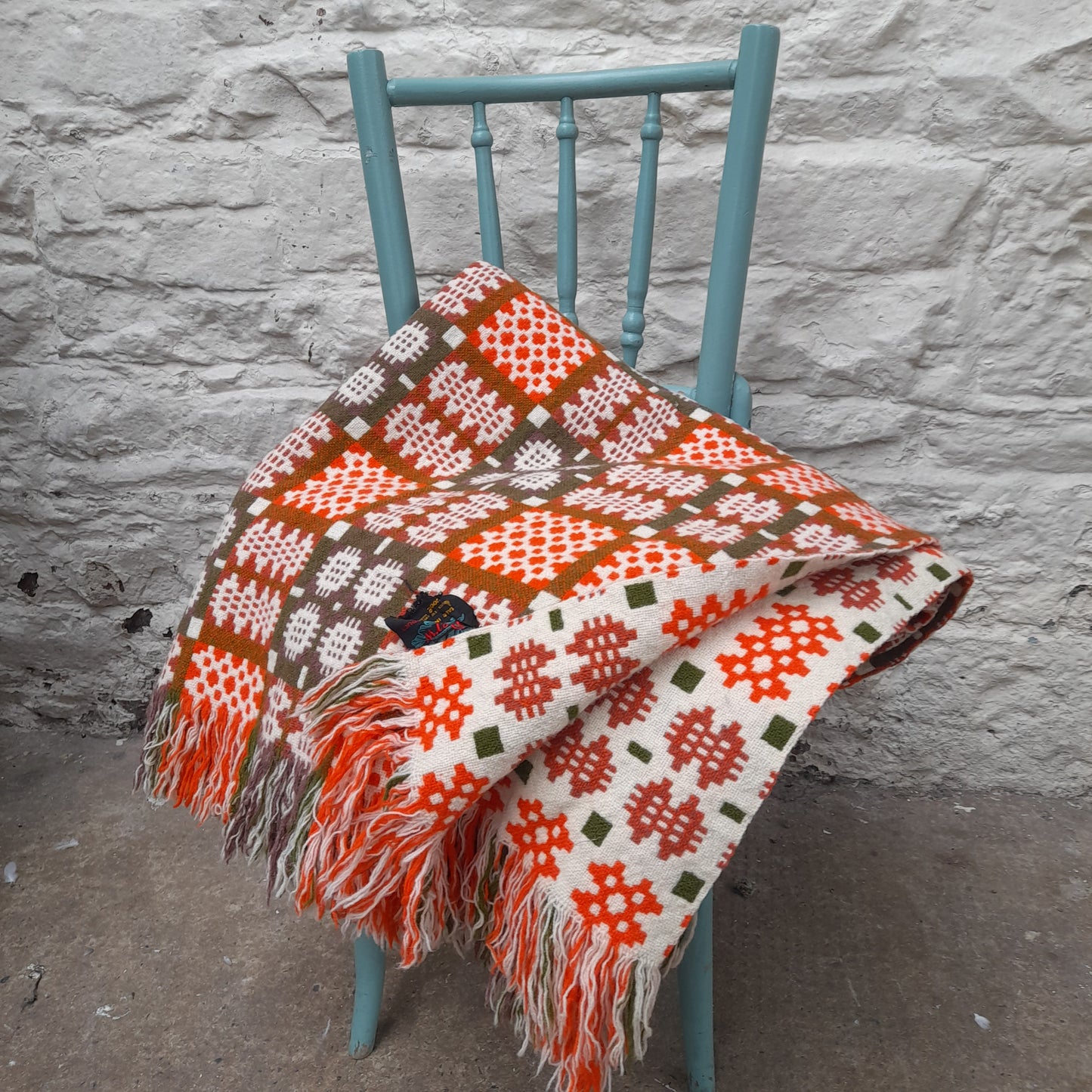 Vintage Welsh Tapestry Blanket in Cream Orange & Olive Green by Derw Mill