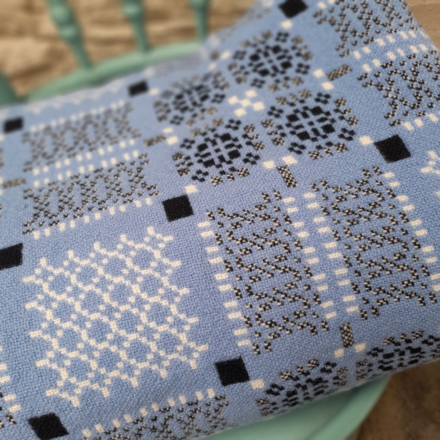 Vintage Welsh Tapestry Blanket in Blue, Black & White Knot Garden Design by Melin Tregwynt