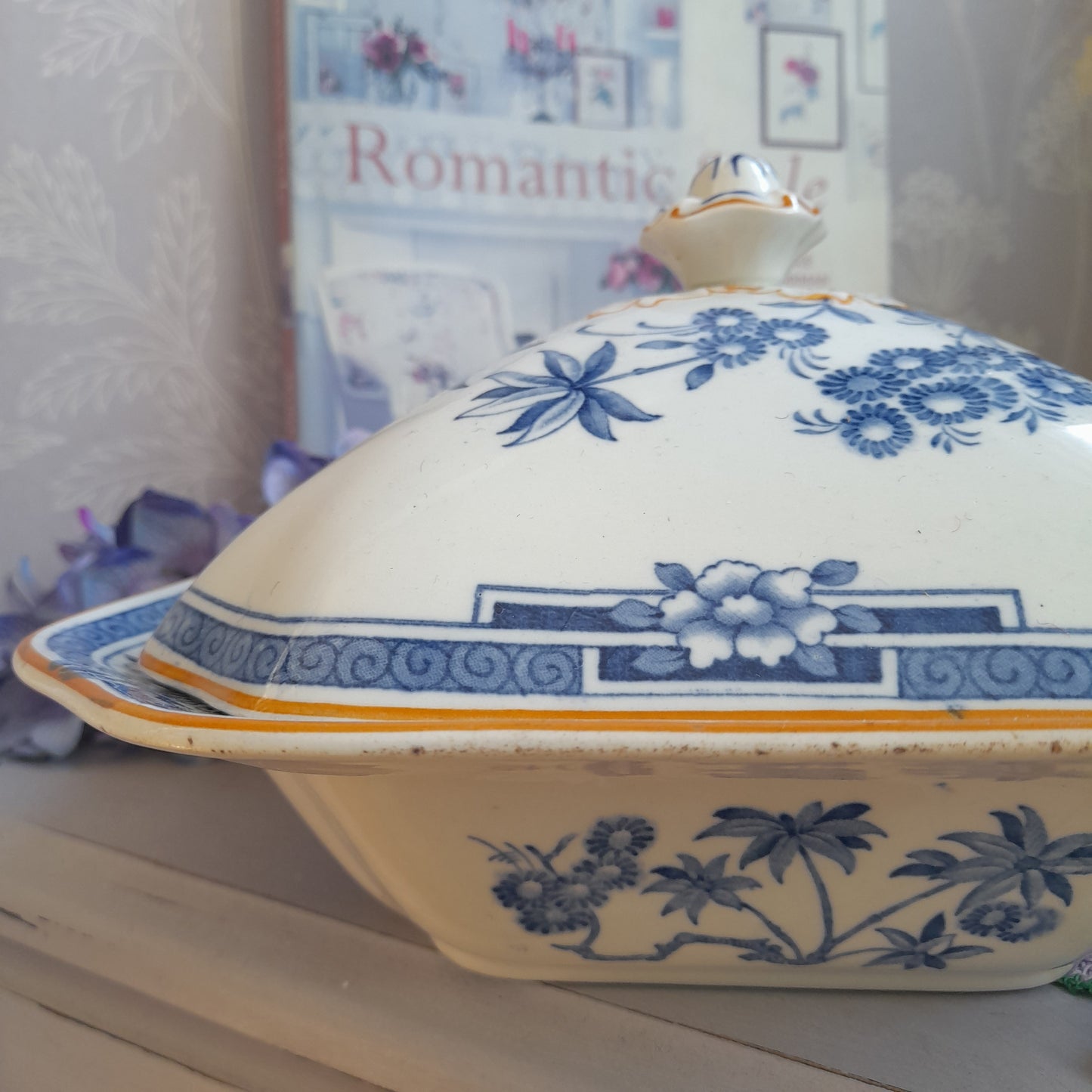 Art Deco Blue & White Square Vegetable Serving Dish with Lid in Woods Ware 'Kenya' Design