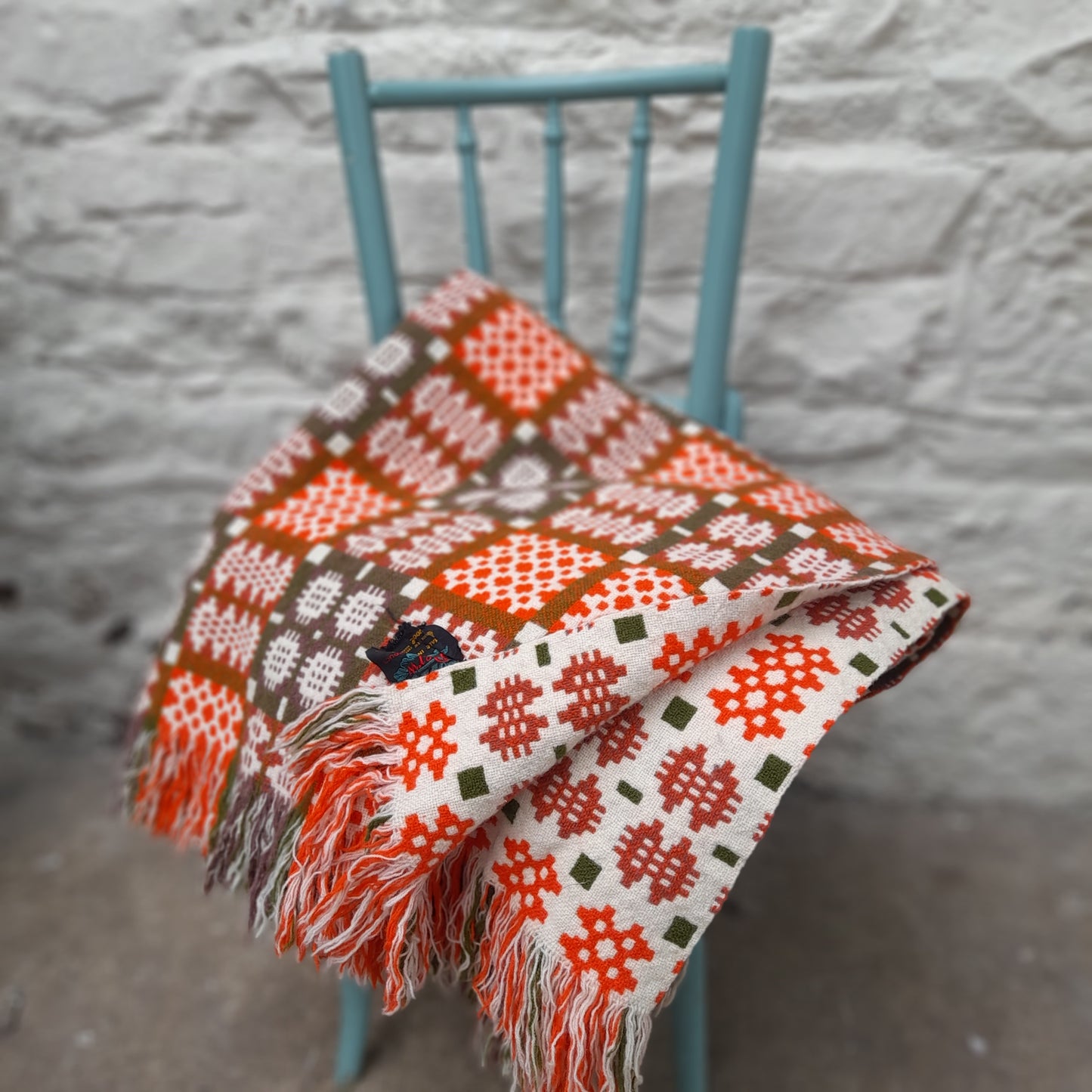 Vintage Welsh Tapestry Blanket in Cream Orange & Olive Green by Derw Mill