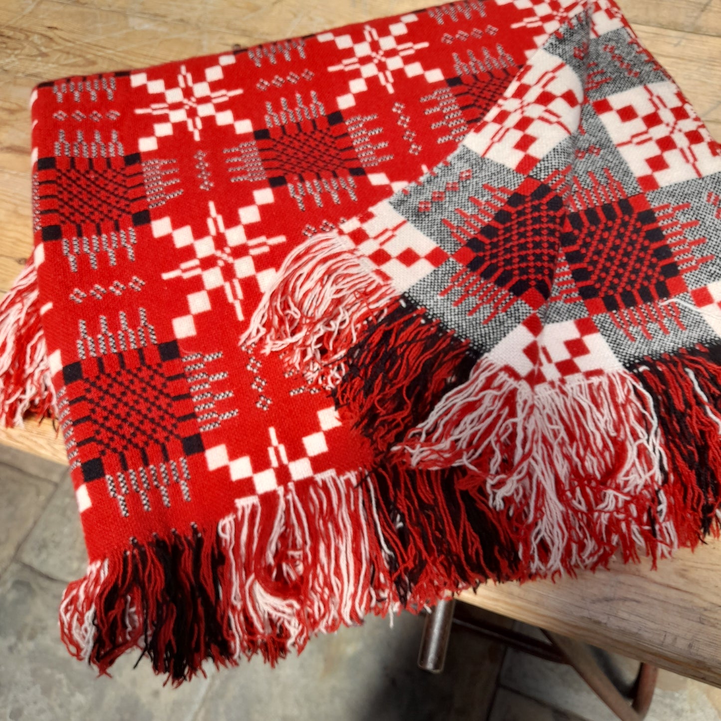 Vintage Welsh Tapestry Blanket in Red, Black & White by Cambrian Mills King Size