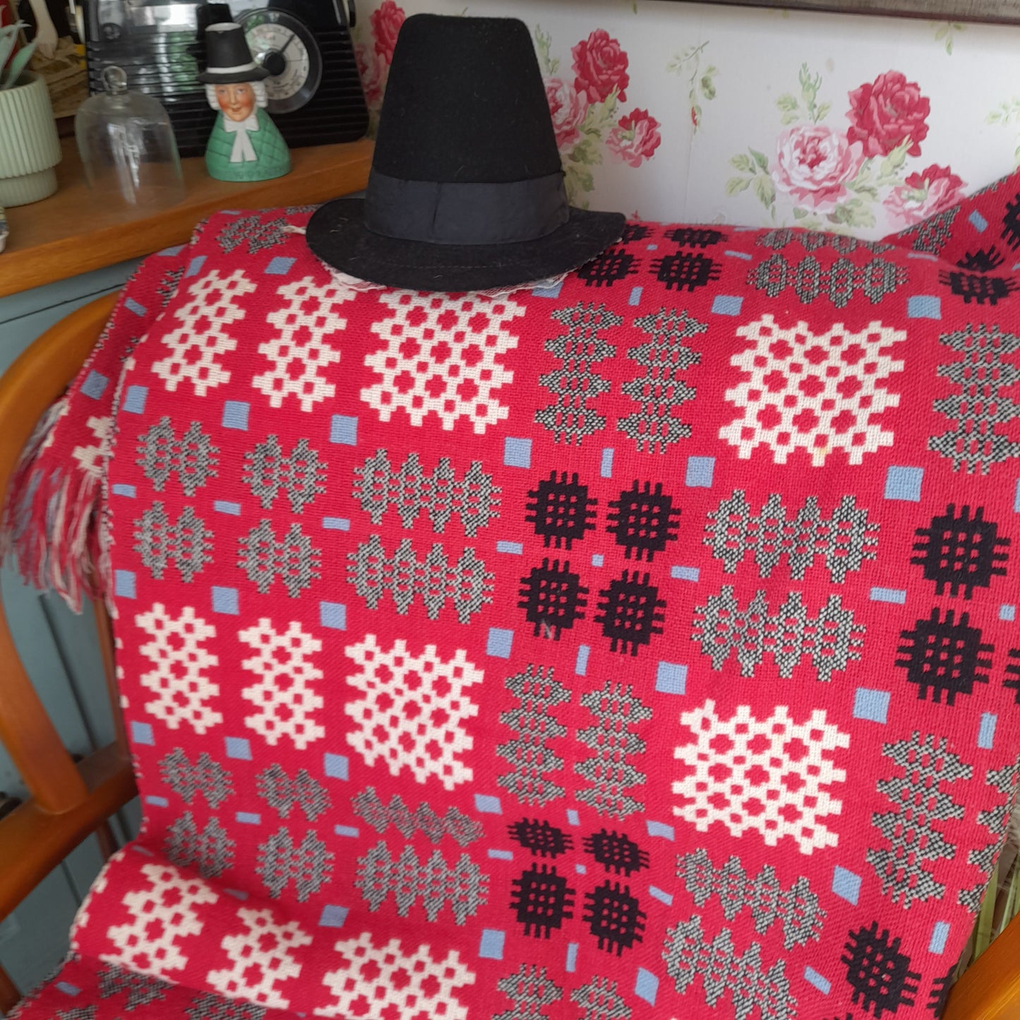 Vintage Welsh Tapestry Blanket in Bright Pink Black White & a Pop of Blue