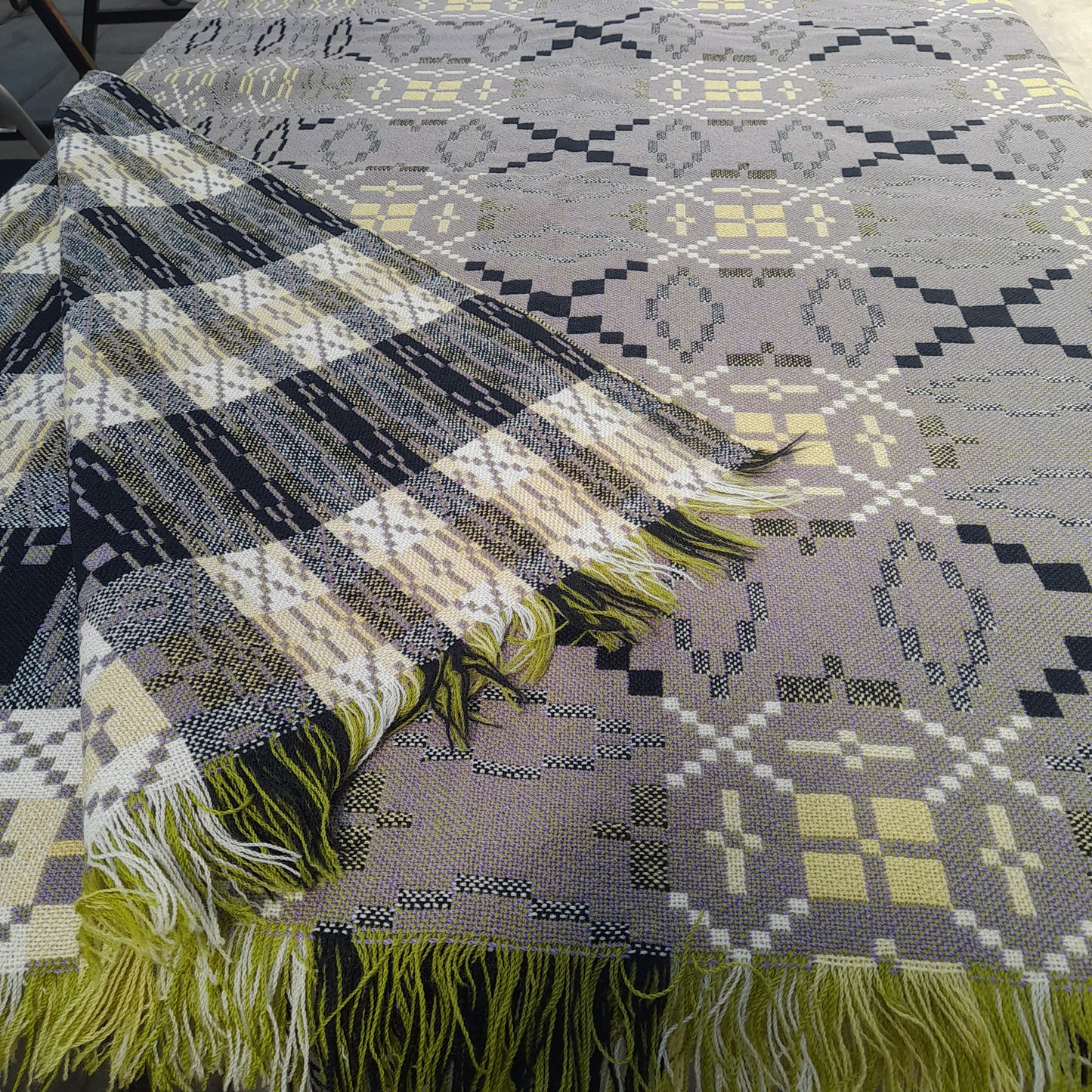 RARE Vintage Welsh Tapestry Blanket in Unusual Green, Lilac & Black Looks Grey King Size