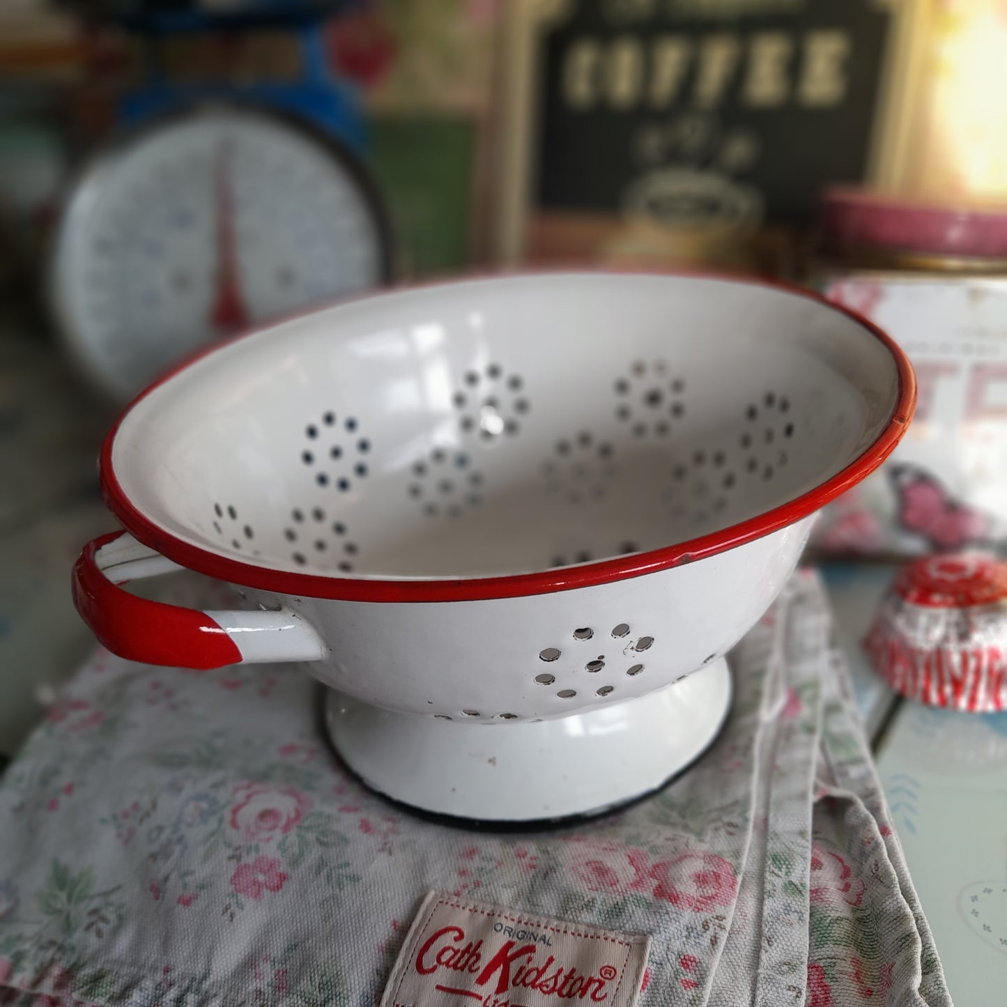 Vintage White Enamel Colander With Red Edge