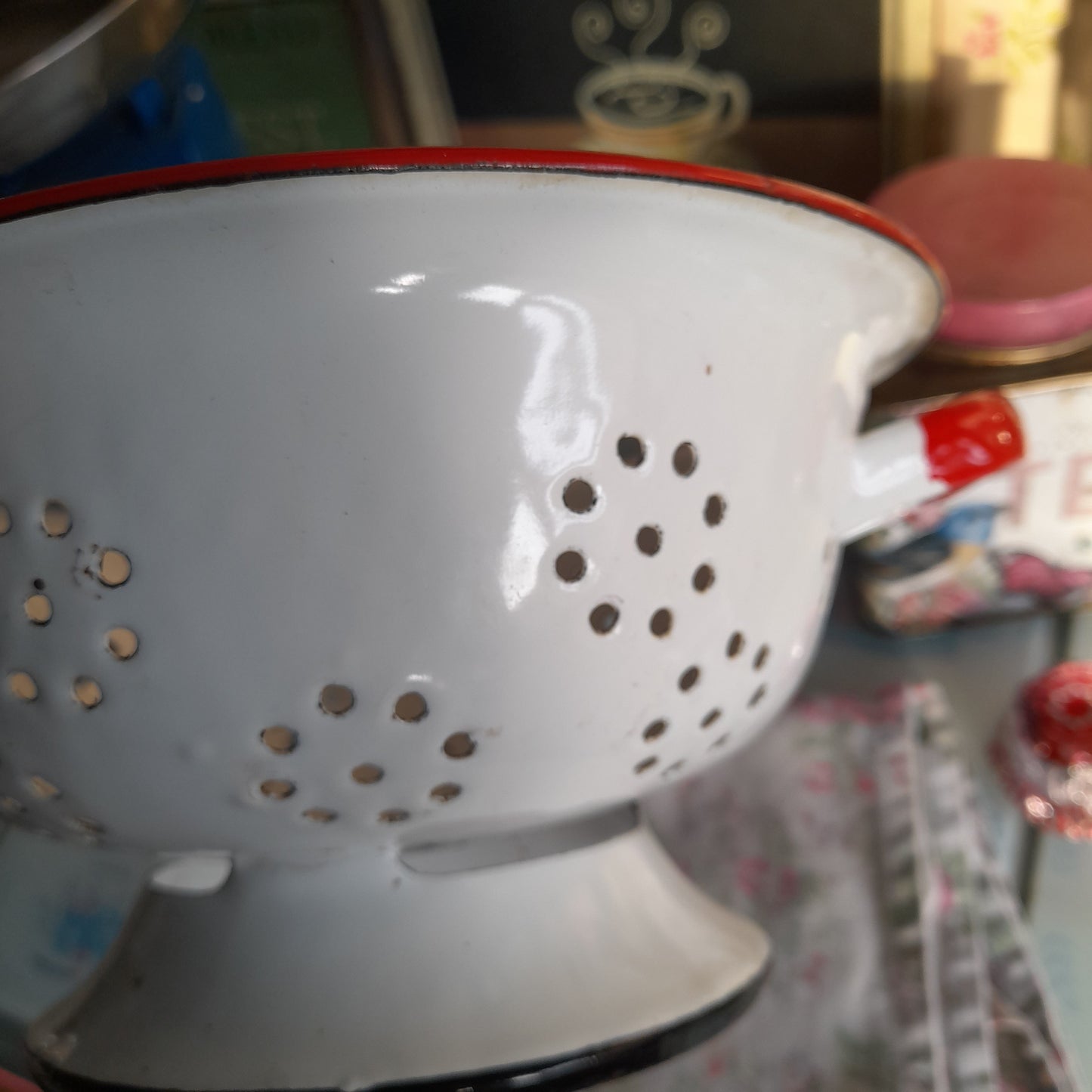 Vintage White Enamel Colander With Red Edge