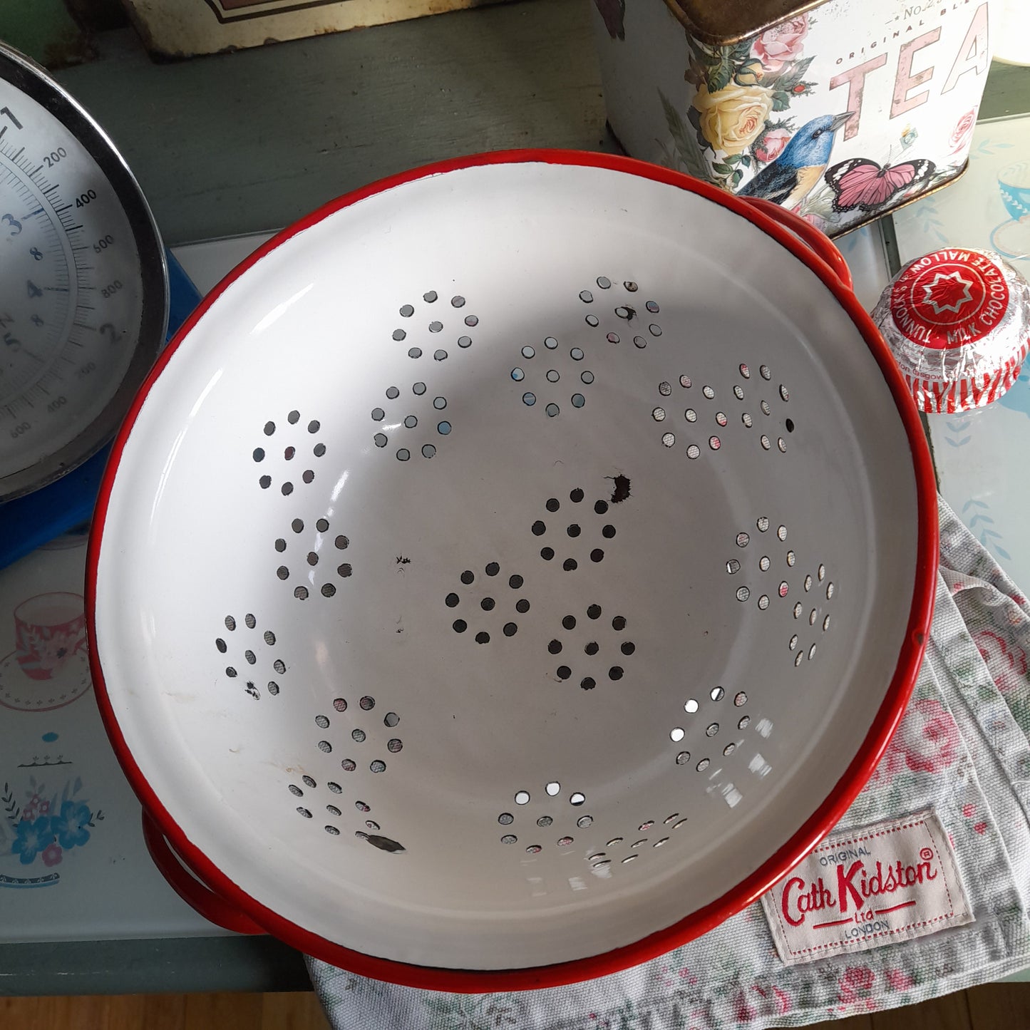 Vintage White Enamel Colander With Red Edge