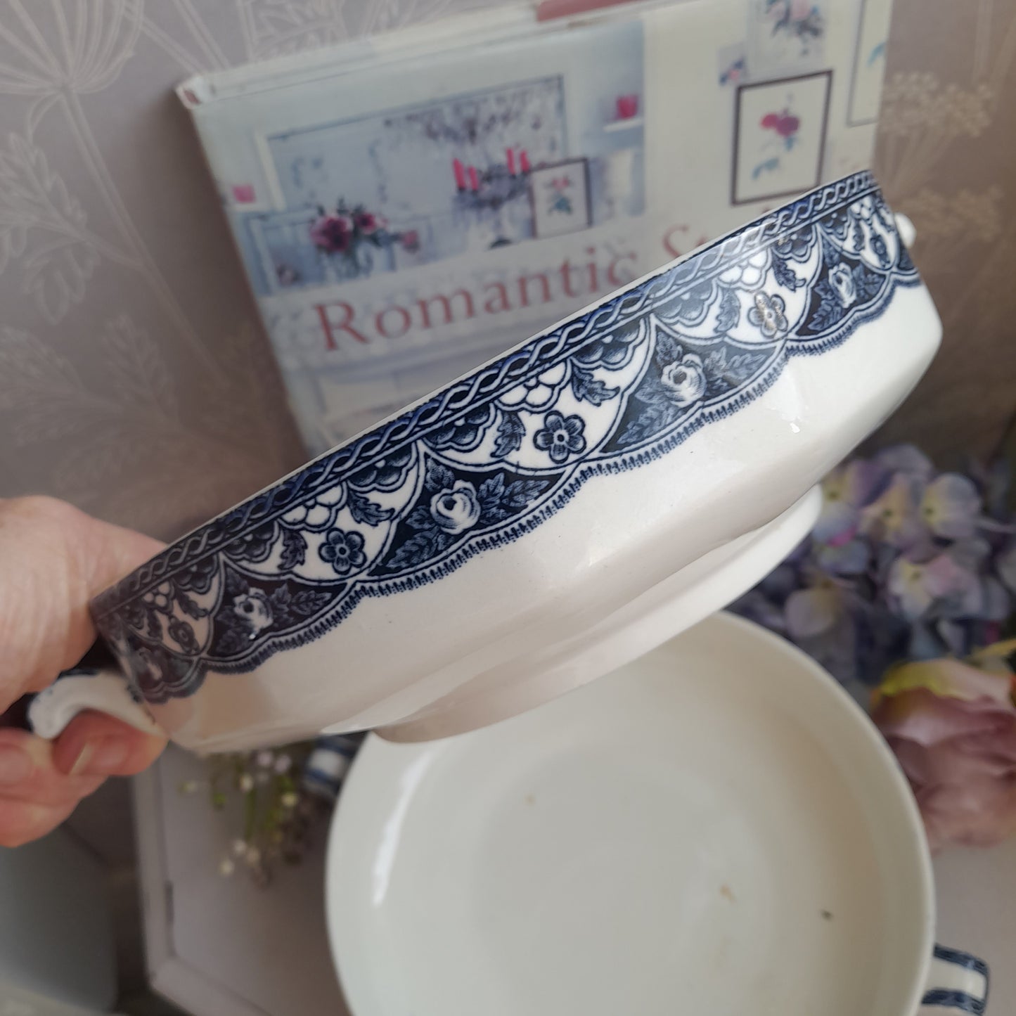 Pair of Antique Blue & White Footed Serving Bowls With Handles