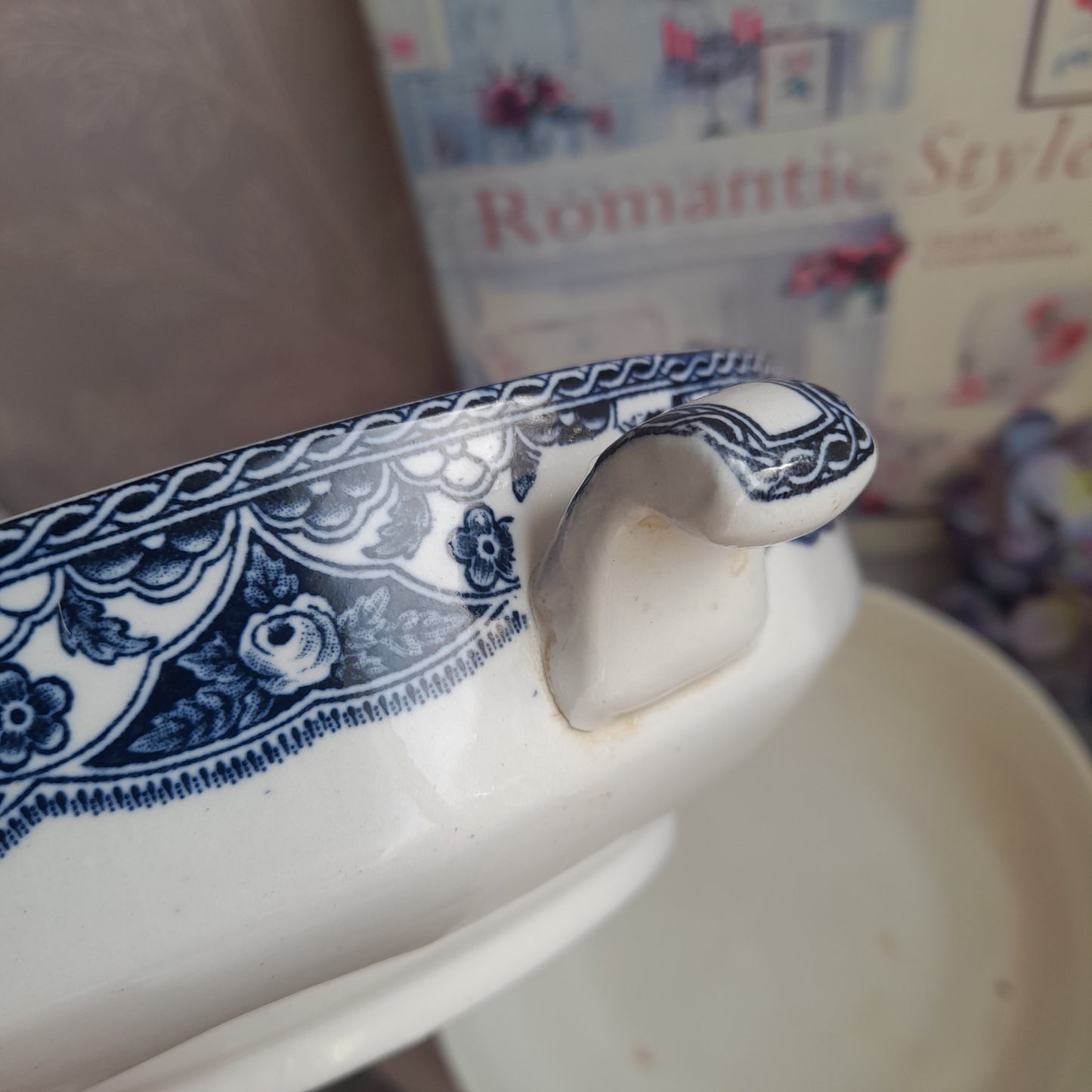 Pair of Antique Blue & White Footed Serving Bowls With Handles