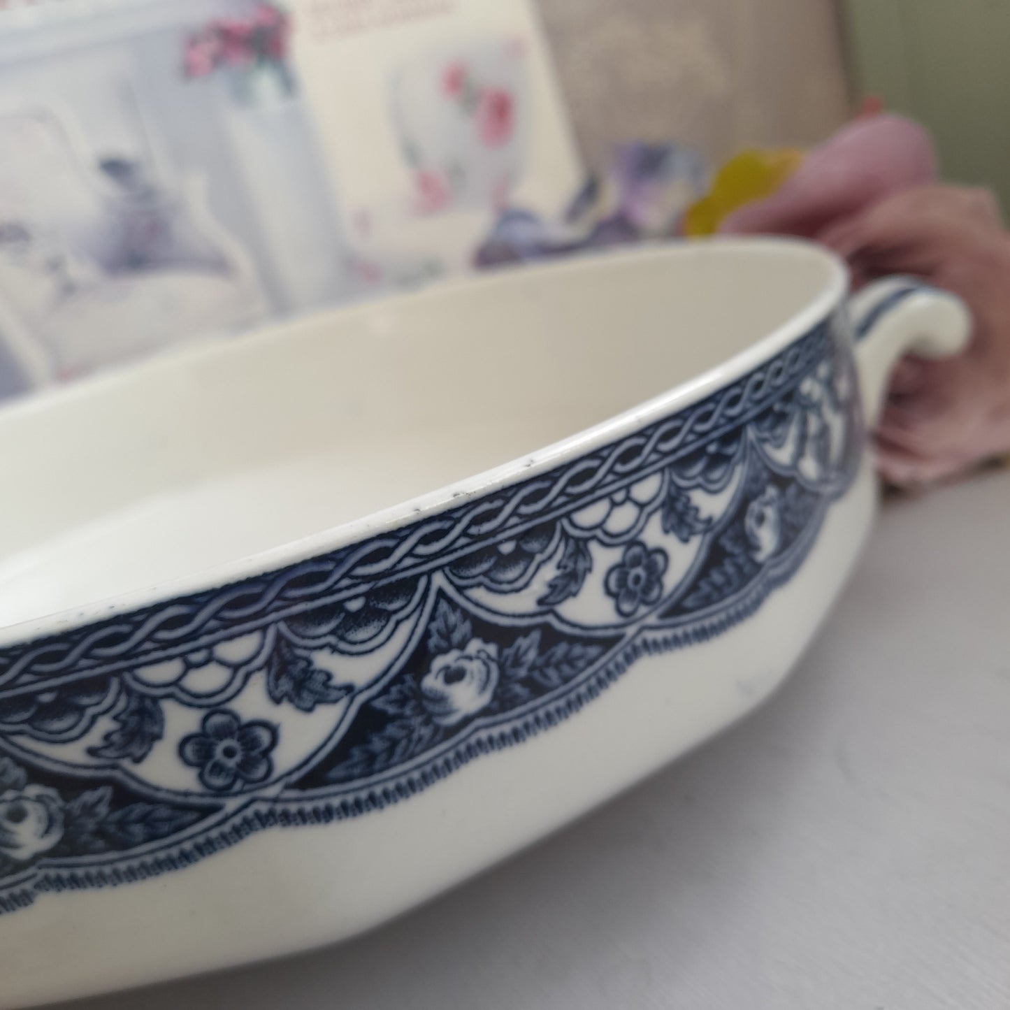 Pair of Antique Blue & White Footed Serving Bowls With Handles