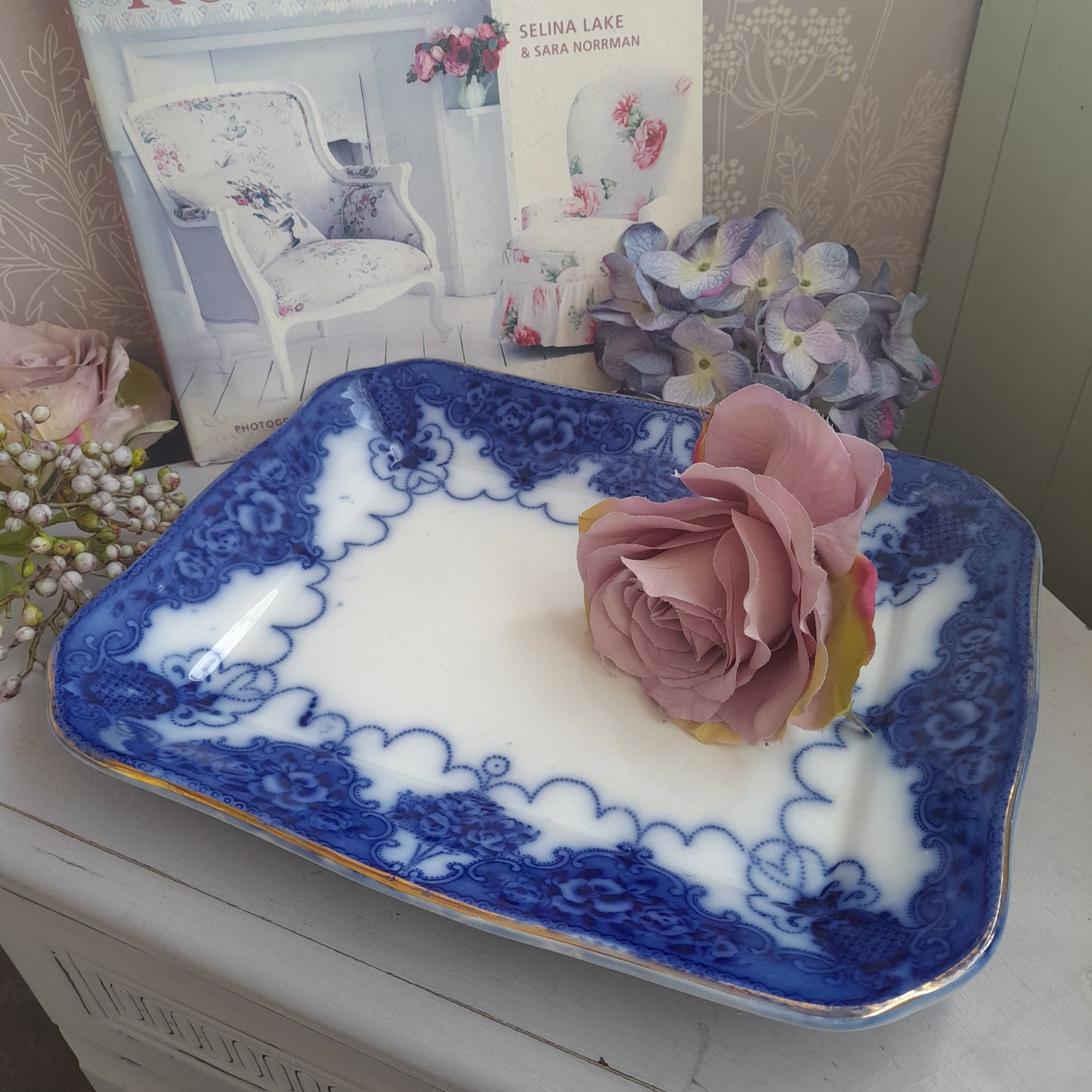 Large Antique Blue & White Rectangular Serving Plate by Lonsda