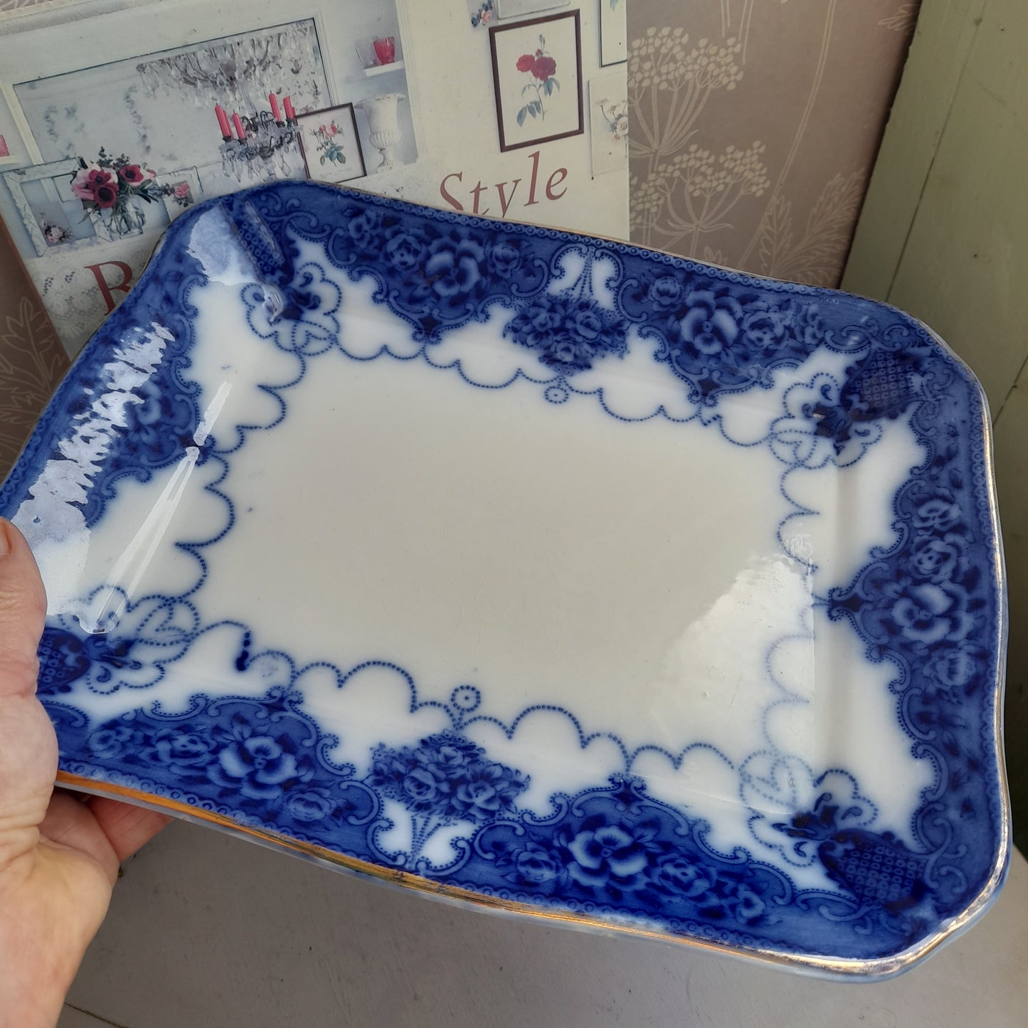 Large Antique Blue & White Rectangular Serving Plate by Lonsda