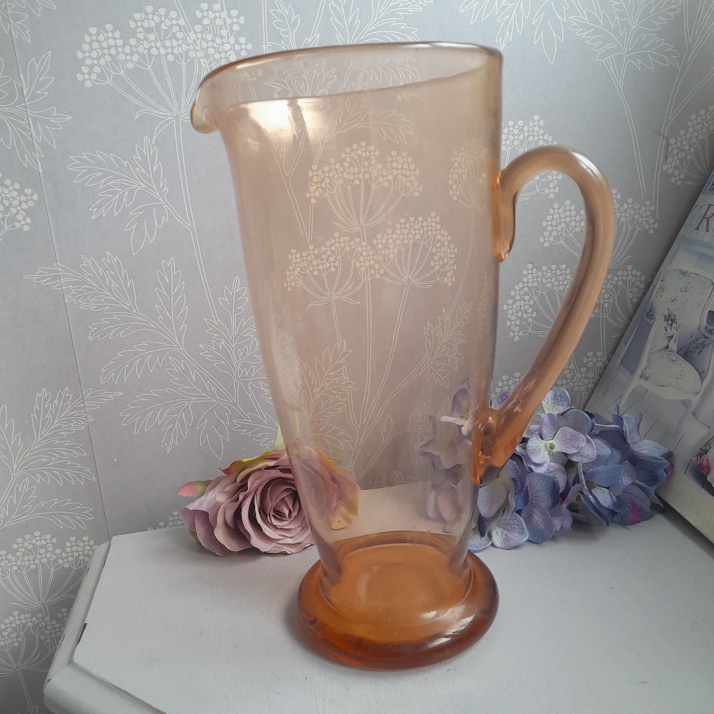 Vintage Tall Peach Pink Handmade Glass Jug