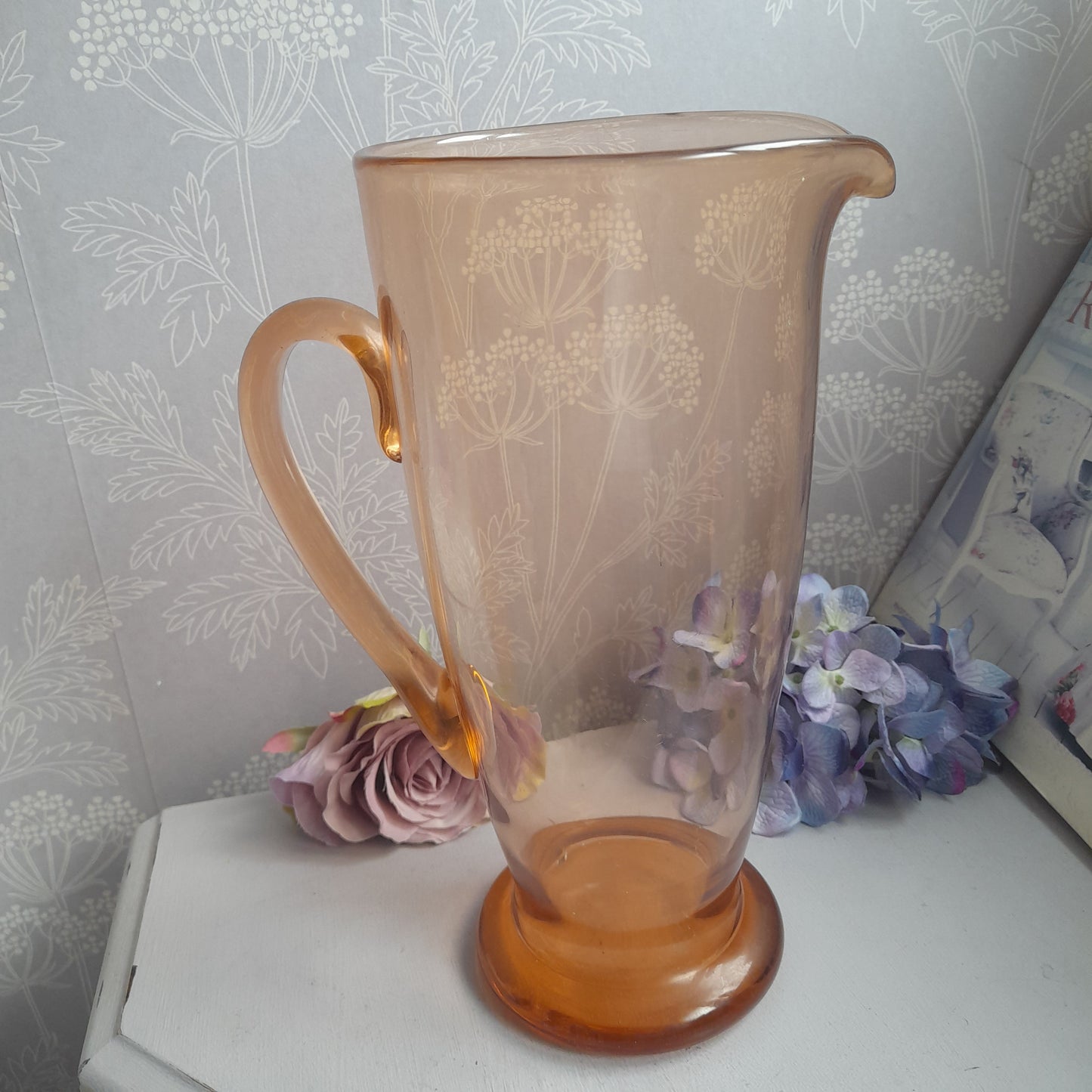 Vintage Tall Peach Pink Handmade Glass Jug