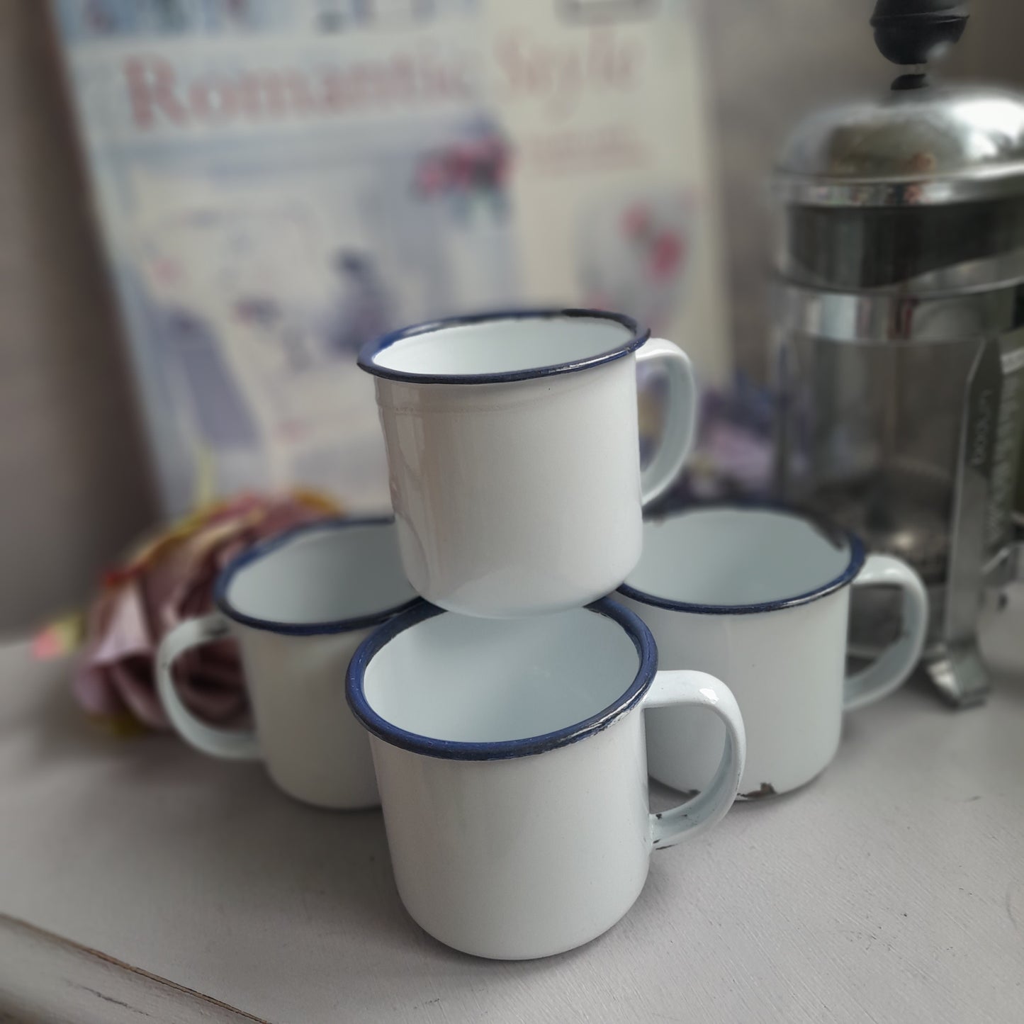 Set of 4 Blue & White Enamel Espresso Cups, Rustic Home Decor, French Interiors